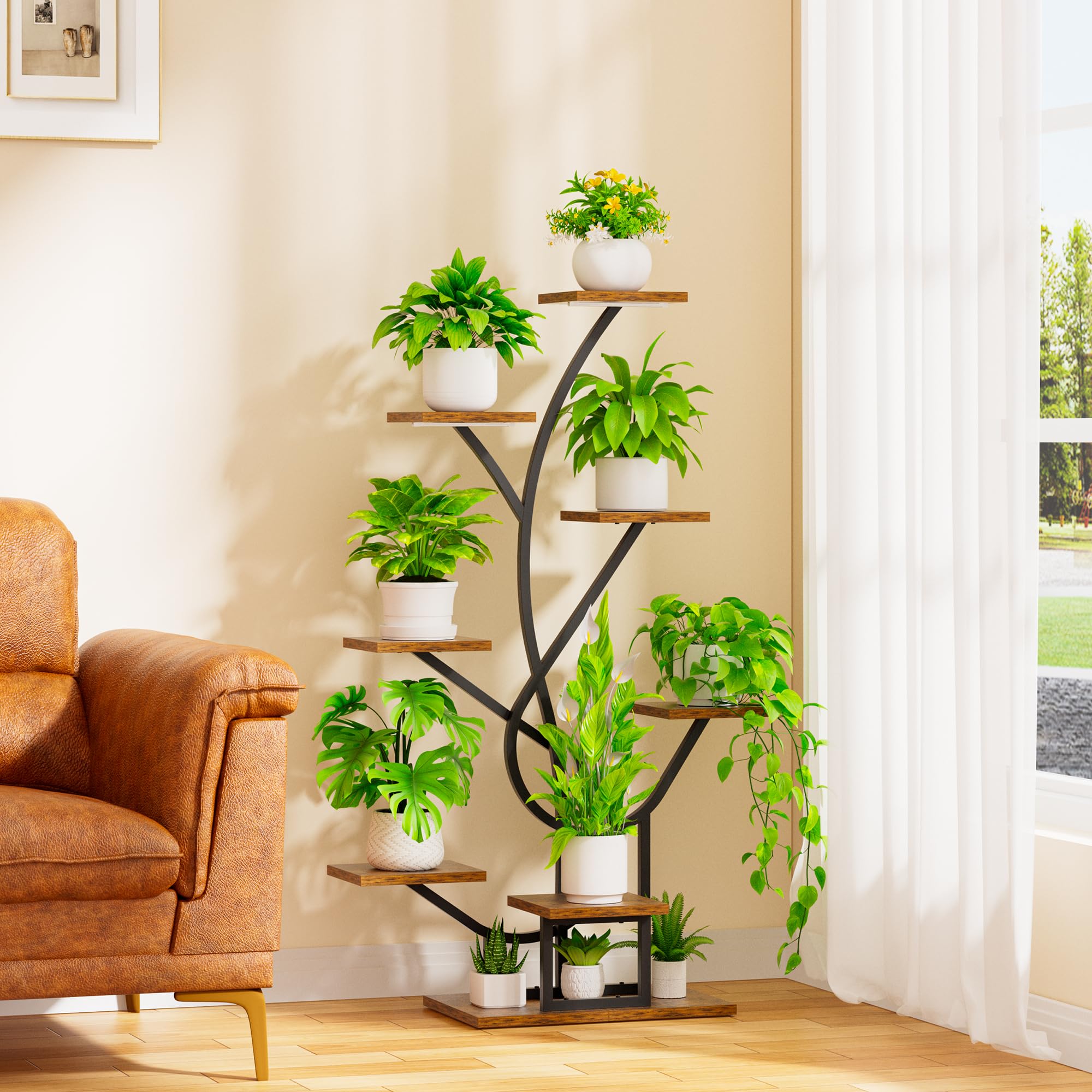 Pflanzenständer mit Grow Light, 8 Ebenen, 126 cm – Metall & Holz, schwarz