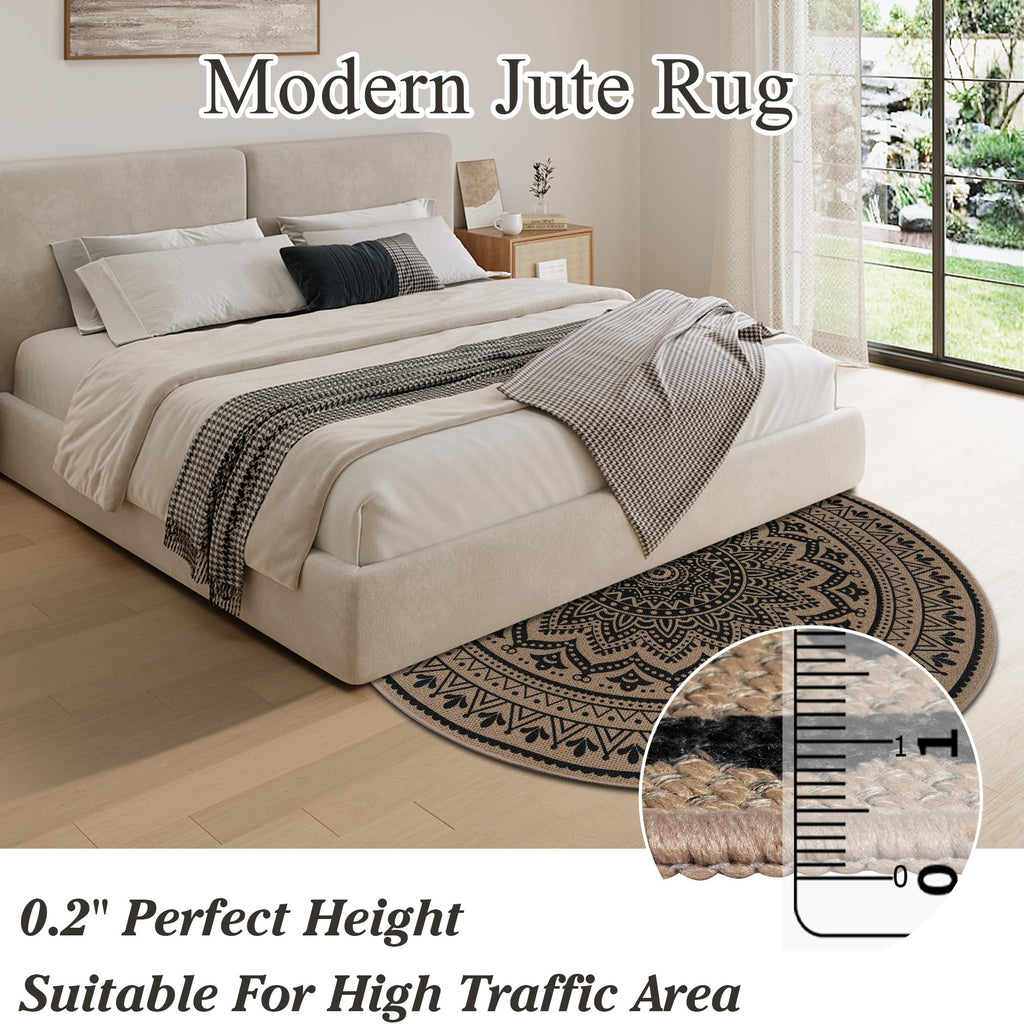 Runder Teppich Jute Look – Moderner Wohn & Balkon Teppich 120 cm
