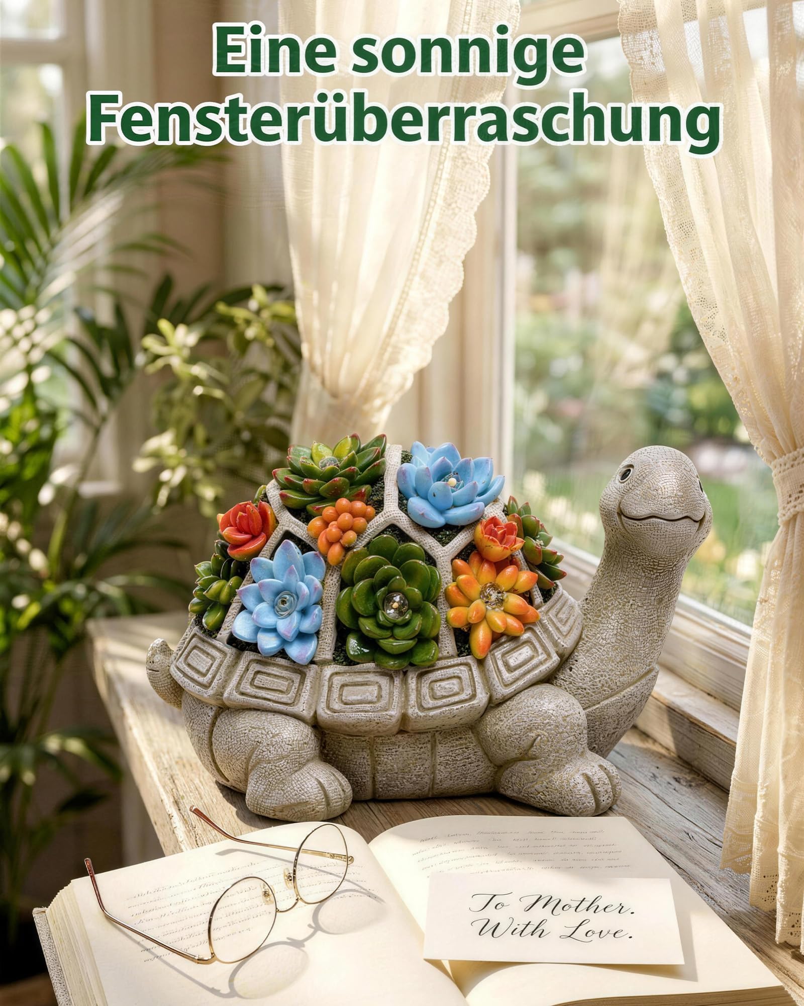 Solar Schildkröte Gartenfigur mit Sukkulenten Deko Terrasse Balkon Geschenk