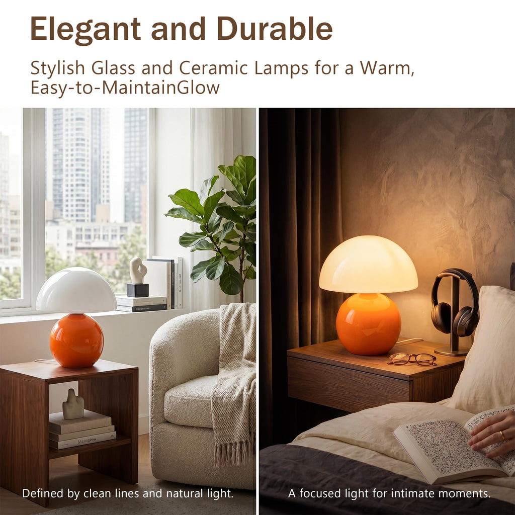 Pilz Nachttischlampe LED dimmbar – Keramik & Glas Tischlampe Orange
