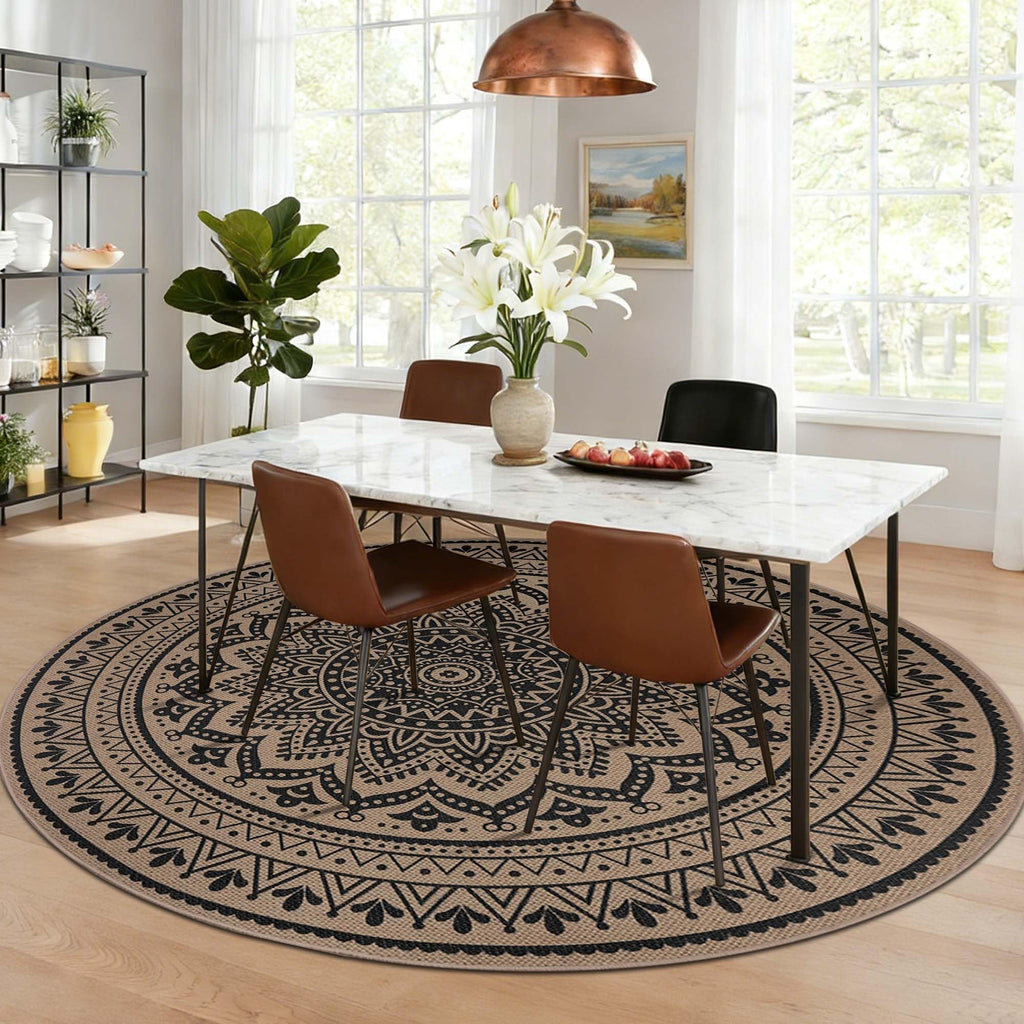 Runder Teppich Jute Look – Moderner Wohn & Balkon Teppich 120 cm