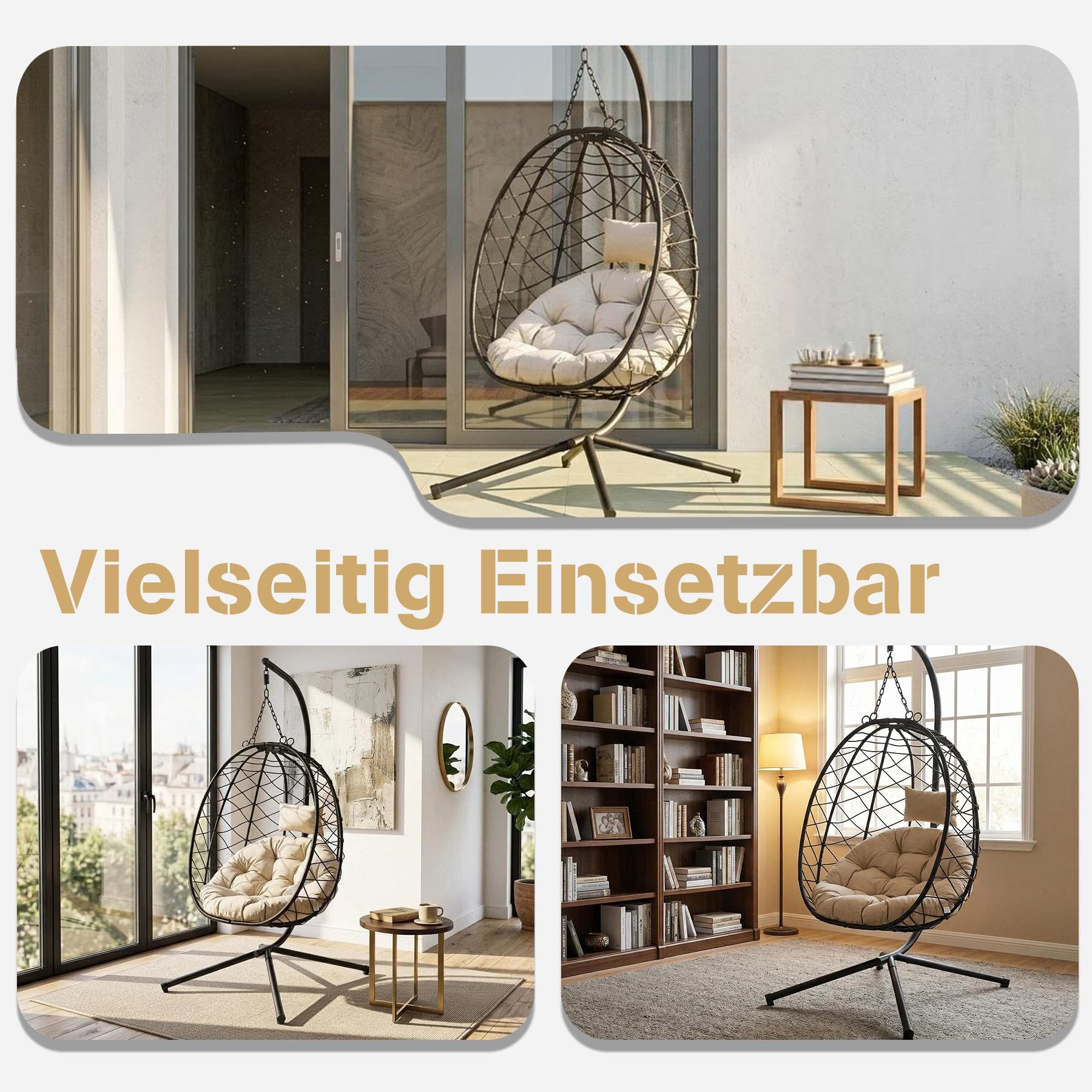 Polyrattan Hängesessel mit Gestell &amp; Kissen – Wetterfest, Beige, 120 kg