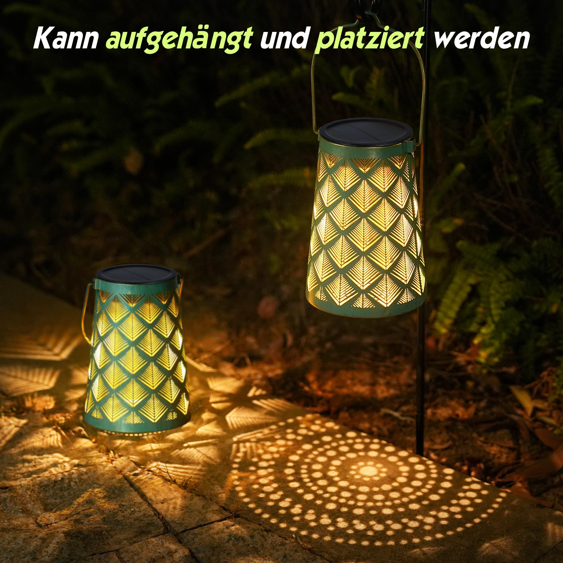 Solar Gartenlaterne 4er Set Vintage – Kiefernmuster, IP65, LED, Patina Grüngold