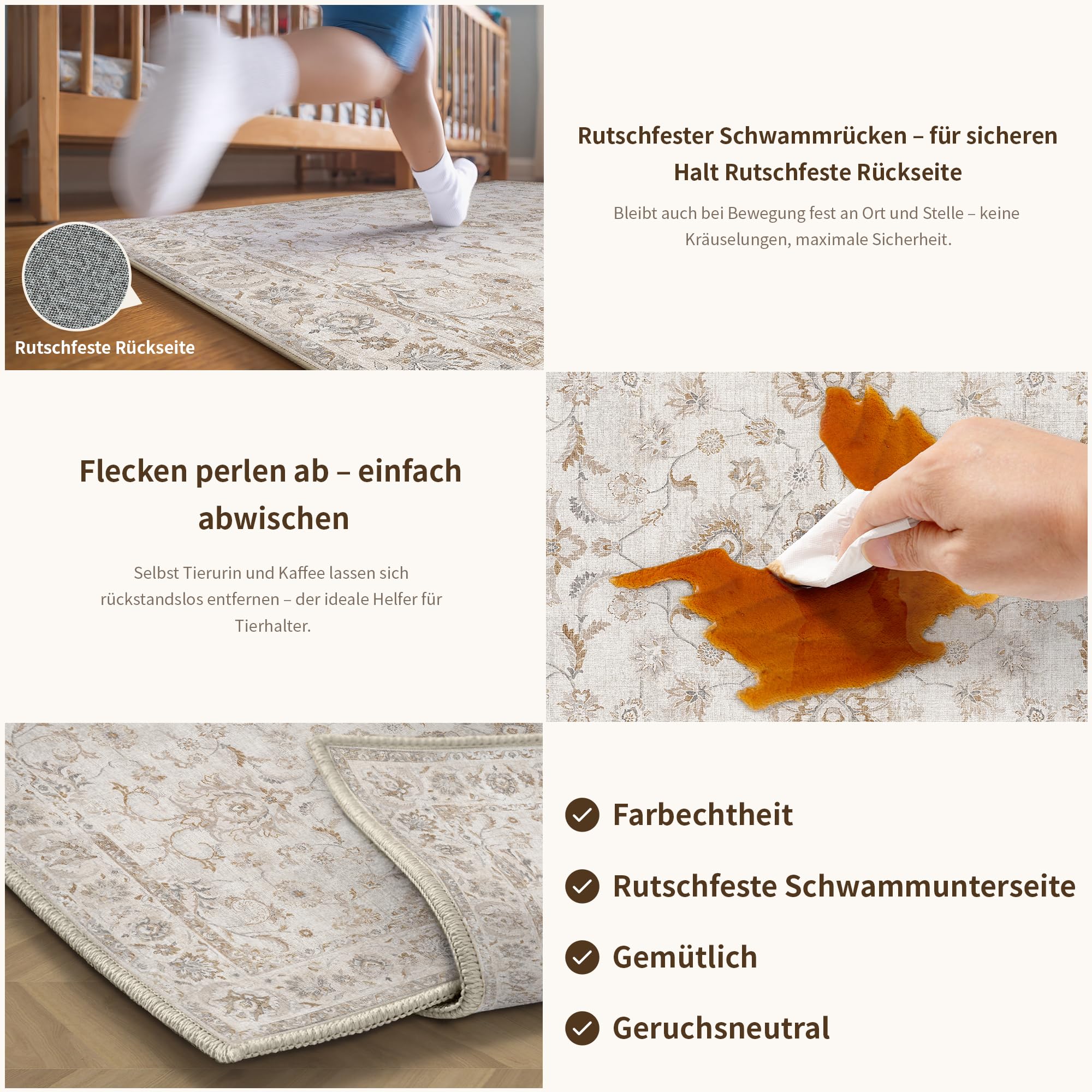Großer Beige Teppich 300x400 cm – Waschbarer Wohnzimmer Teppich rutschfest