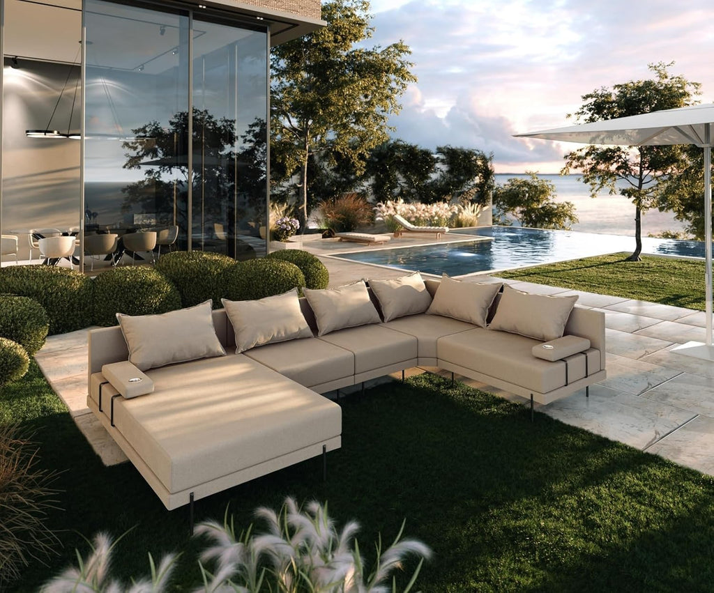 Gartenmöbel Lounge Set Beige für Terrasse & Balkon – Modernes Ecksofa Outdoor