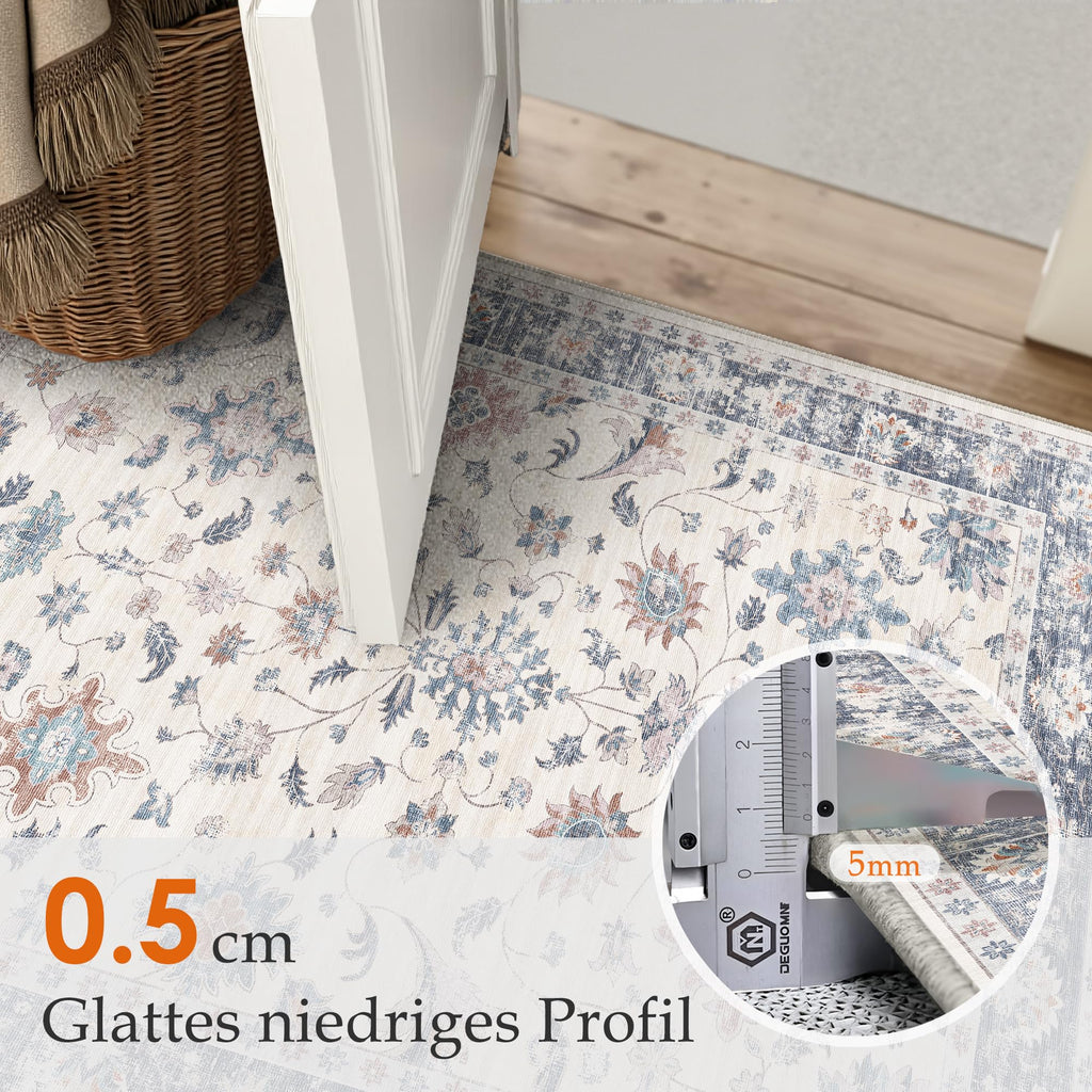 Boho Vintage Rug 200x300 cm - Washable Non-Slip Living Room Rug with Floral Pattern Blue White