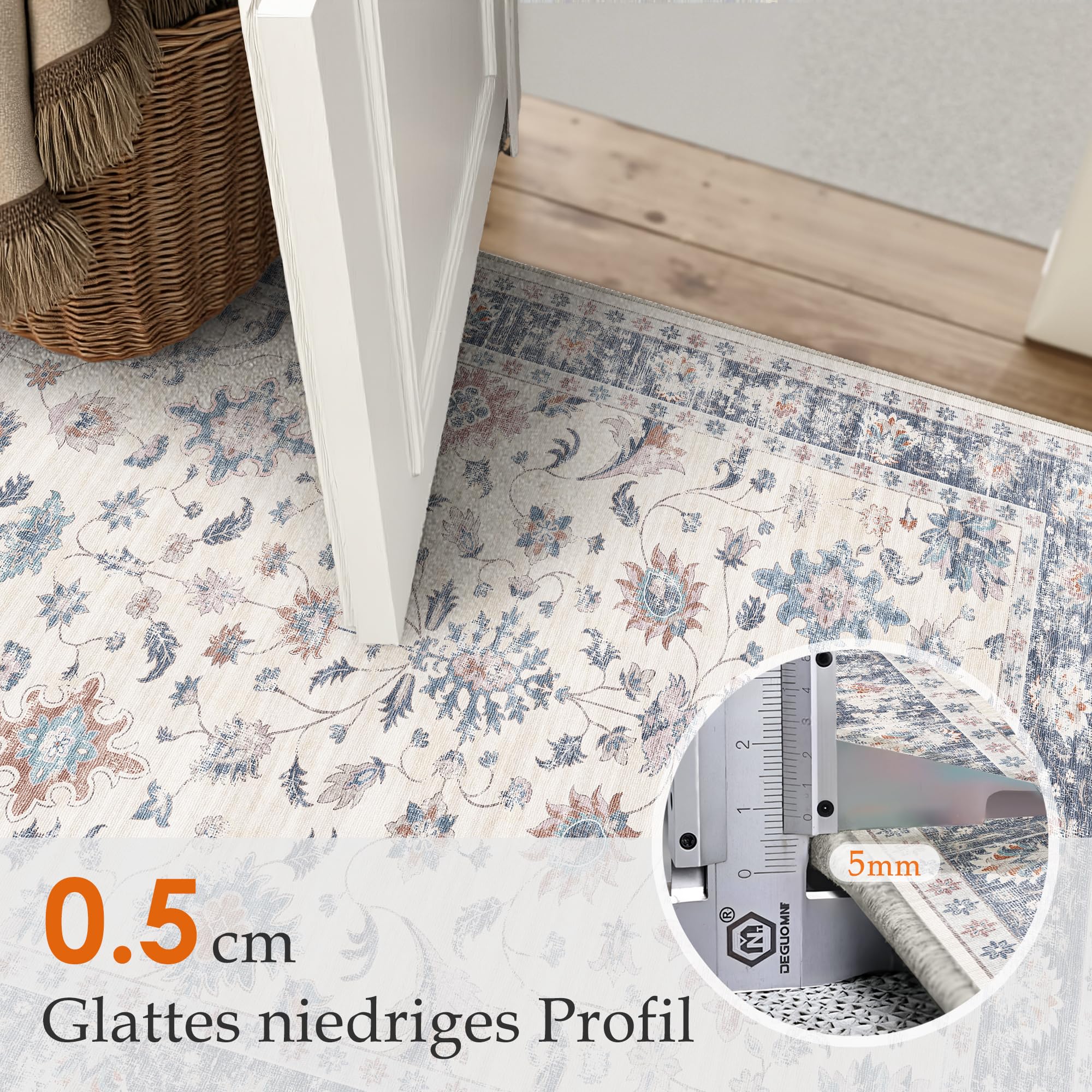 Boho Vintage Rug 200x300 cm - Washable Non-Slip Living Room Rug with Floral Pattern Blue White