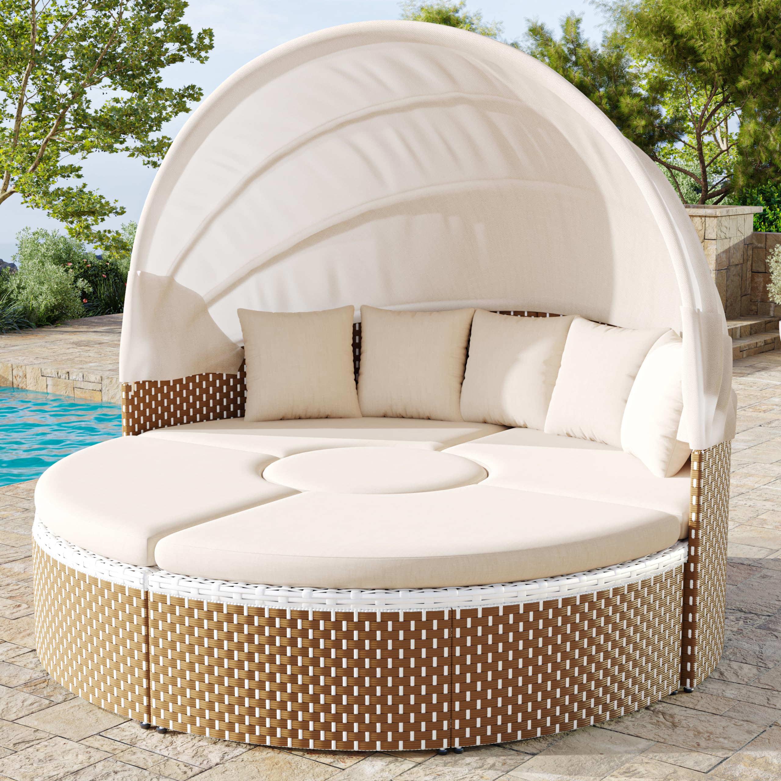 Polyrattan Sonneninsel Lounge Set mit Baldachin &amp; Kissen – Beige
