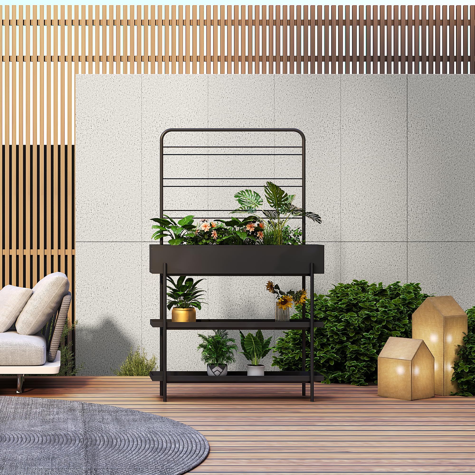 Metall-Pflanzenregal Outdoor & Indoor mit Blumenkasten & Ablagen – Schwarz