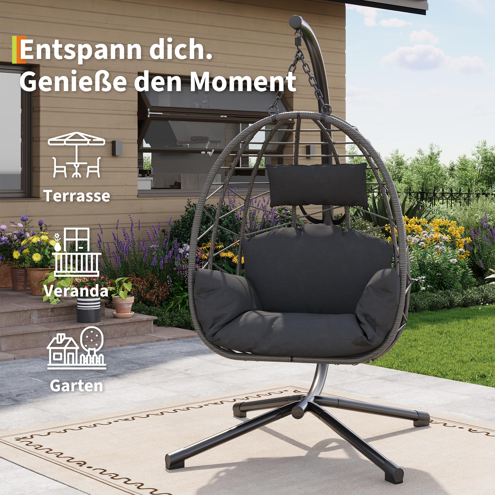 Rattan Hängesessel mit Metallgestell – Indoor &amp; Outdoor, 150 kg, Grau