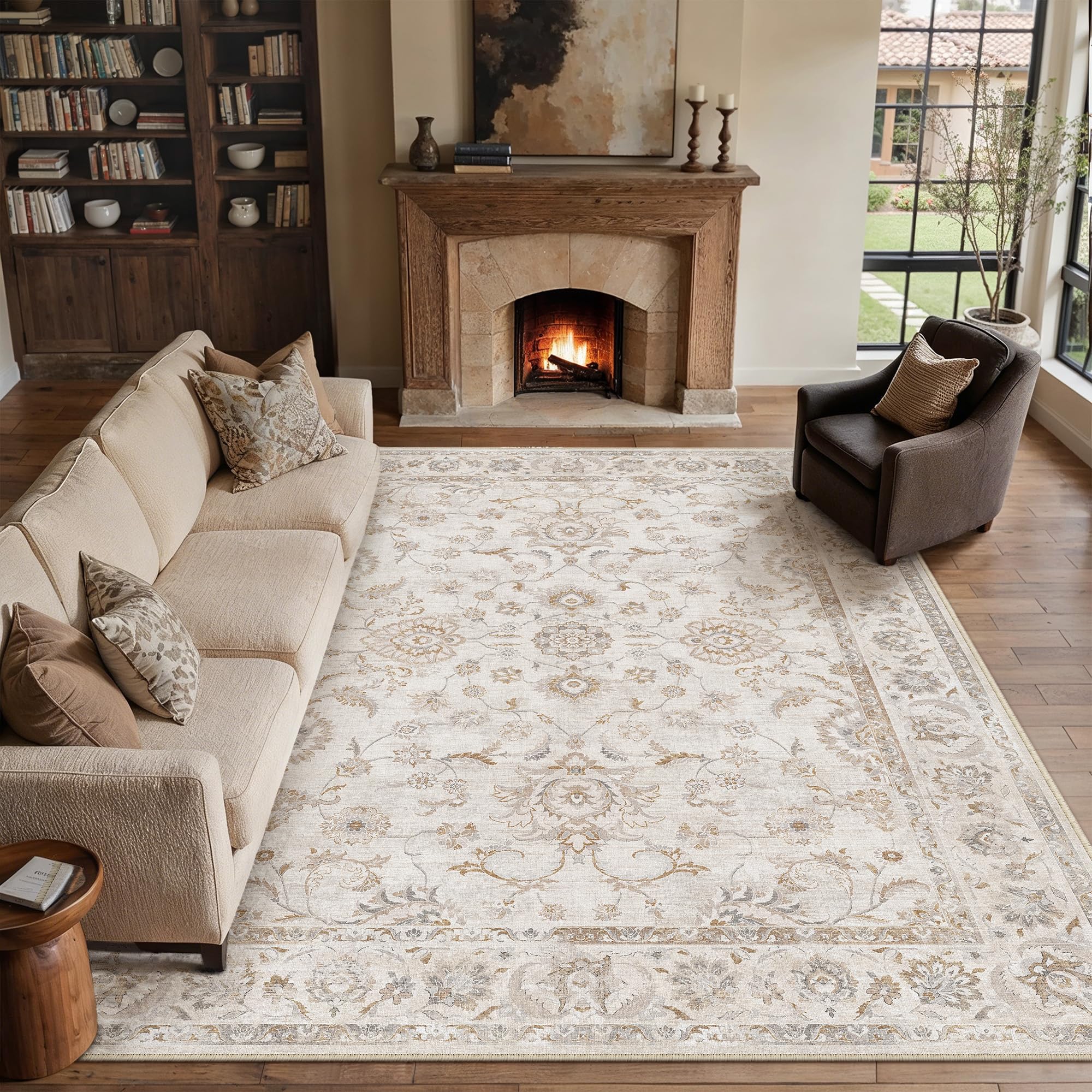 Großer Beige Teppich 300x400 cm – Waschbarer Wohnzimmer Teppich rutschfest