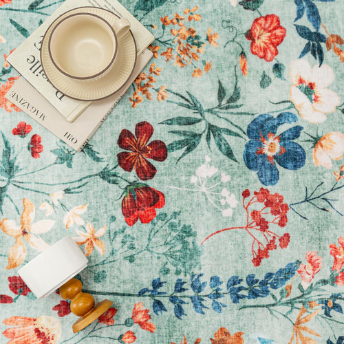 Boho Rug 200x300 cm Green – Washable Non-Slip Living Room Rug with Floral Pattern