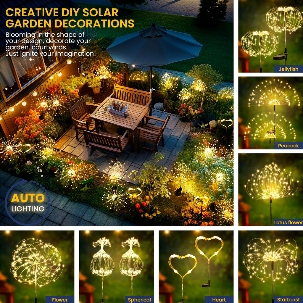 GIGALUMI Solar Feuerwerk Gartenlampen 4er Set – 120 LED IP65 Outdoor Balkon Terrasse Deko