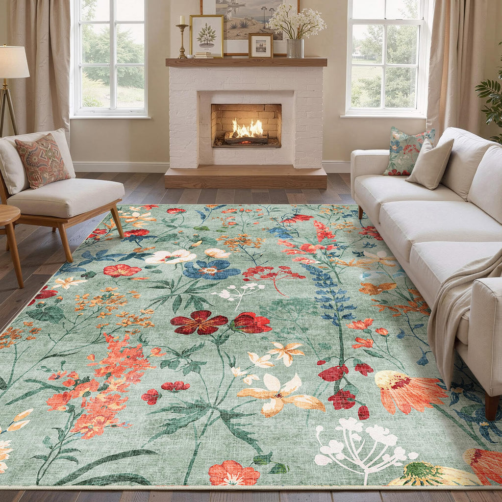 Boho Teppich 200×300 cm Grün – waschbarer rutschfester Wohnzimmer Teppich mit Blumenmuster