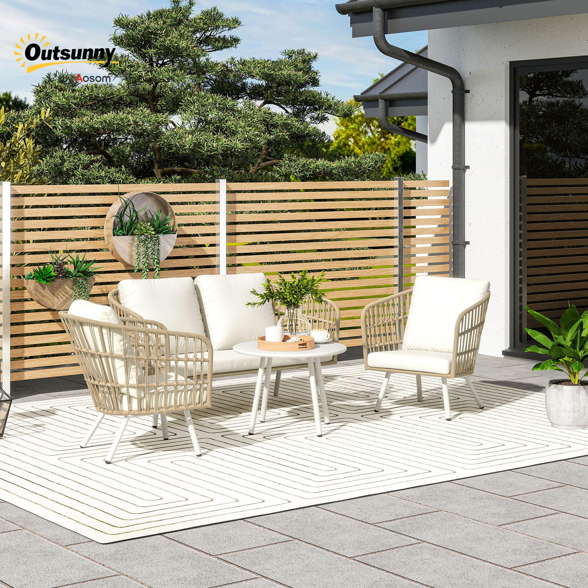 Outsunny Polyrattan Gartenmöbel Set – Lounge Set mit Sofa & Tisch, wetterfest