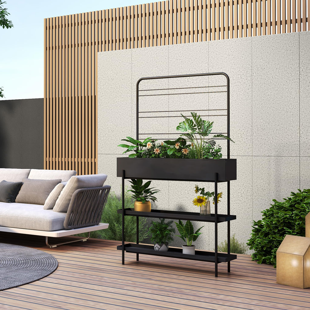 Metall-Pflanzenregal Outdoor & Indoor mit Blumenkasten & Ablagen – Schwarz