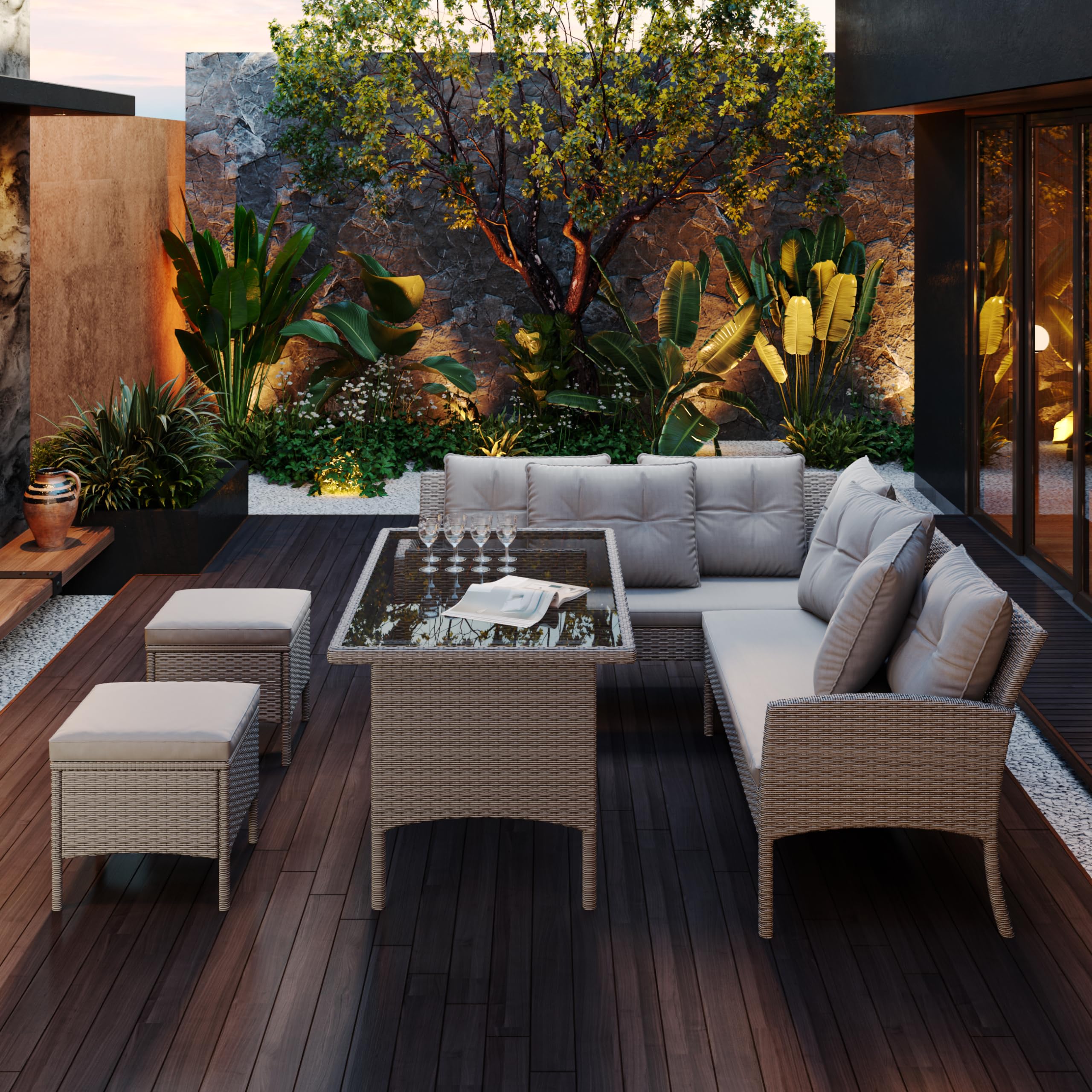 Großes Polyrattan Gartenmöbel Set für 7 Personen – Lounge Sofa Set wetterfest Terrasse