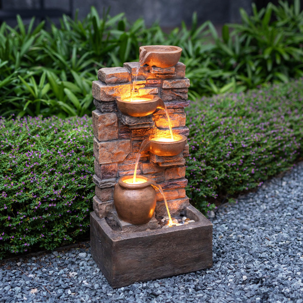 Teamson Home Steinbrunnen 4-stufig mit LED – Outdoor Wasserspiel Braun