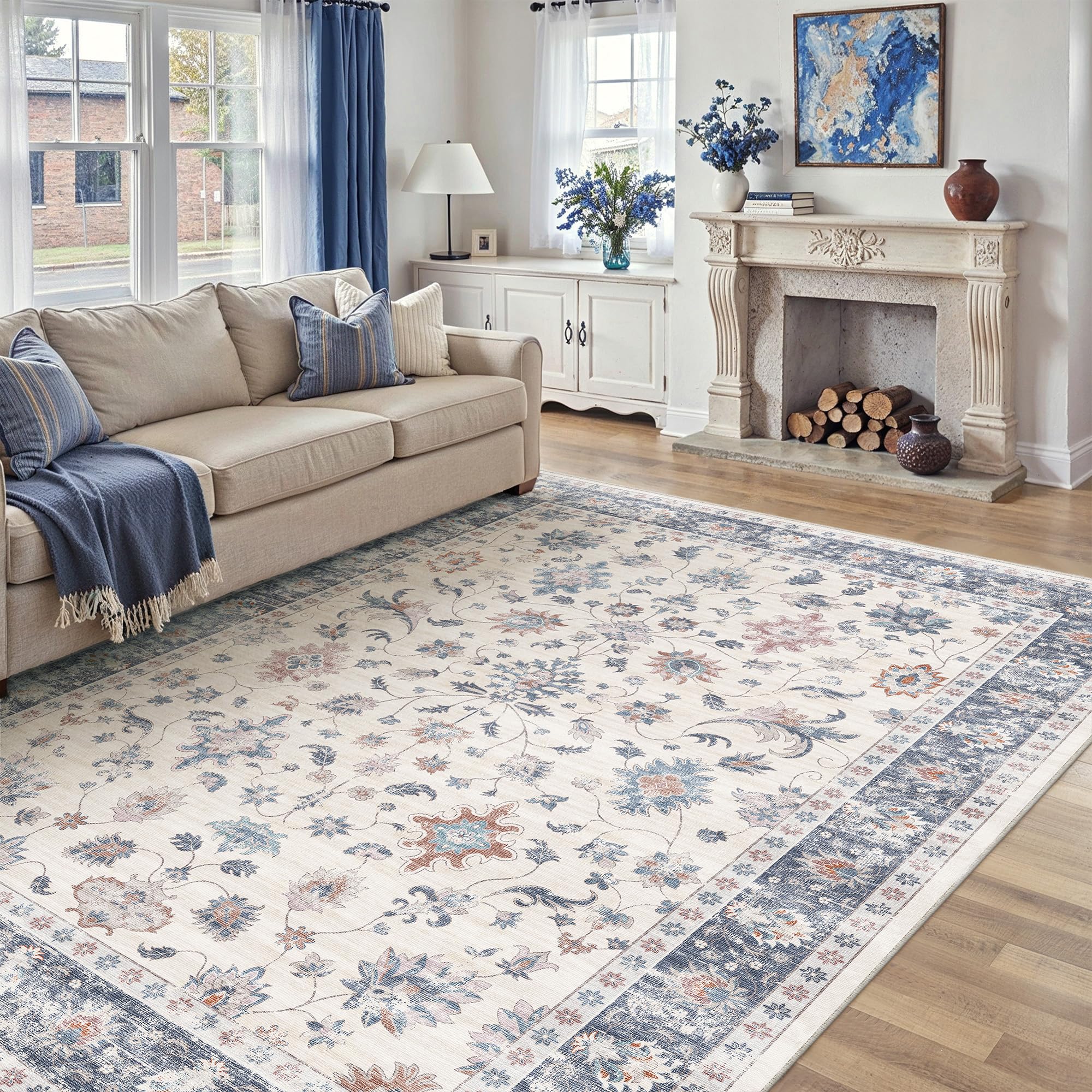 Boho Vintage Teppich 200×300 cm – waschbarer rutschfester Wohnzimmer Teppich mit Blumenmuster Blau Weiß
