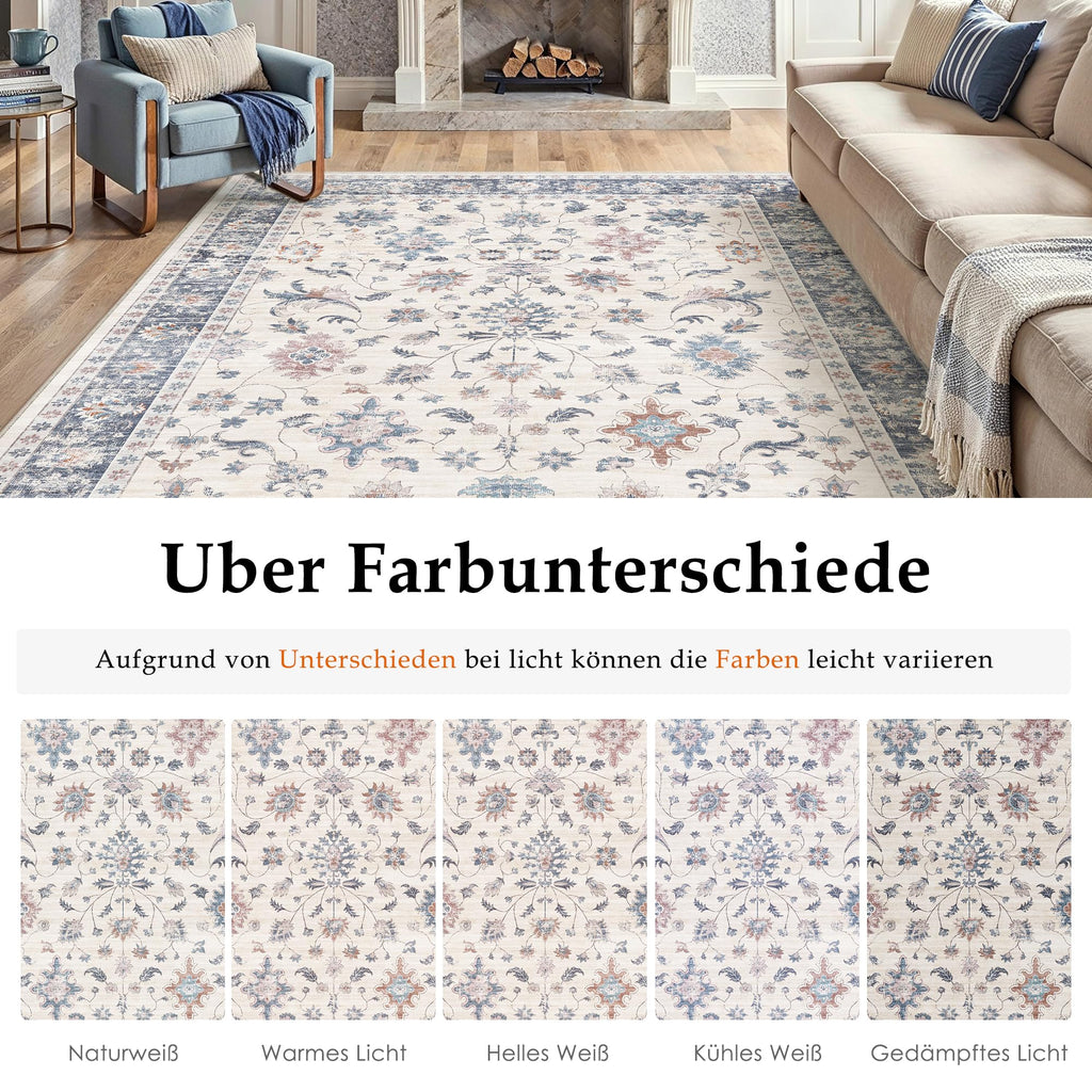 Boho Vintage Rug 200x300 cm - Washable Non-Slip Living Room Rug with Floral Pattern Blue White