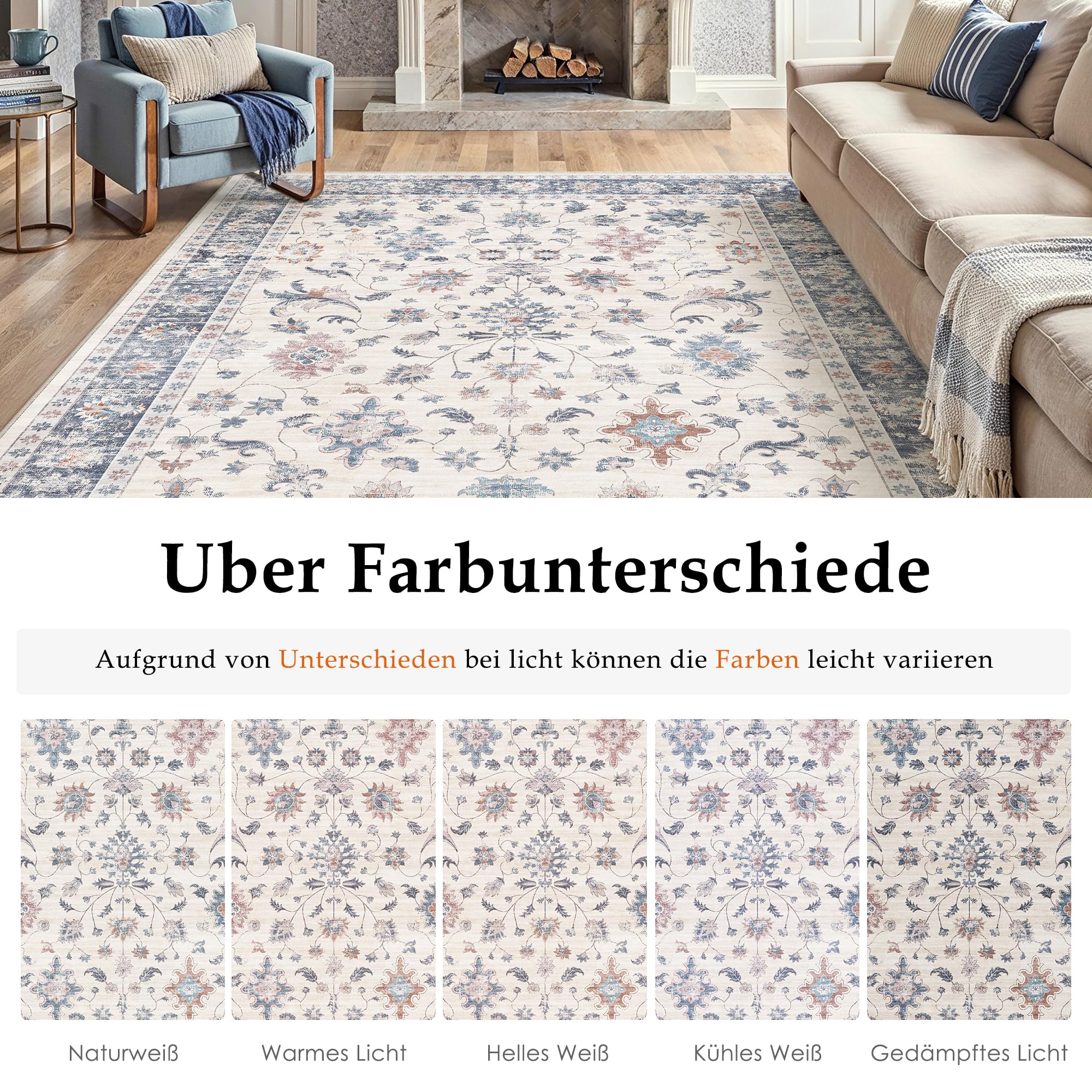 Boho Vintage Rug 200x300 cm - Washable Non-Slip Living Room Rug with Floral Pattern Blue White