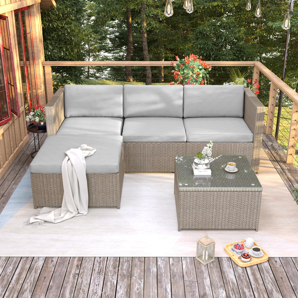 Polyrattan Gartenmöbel Set für 3–4 Personen – Lounge Sofa mit Tisch & Hocker, wetterfest
