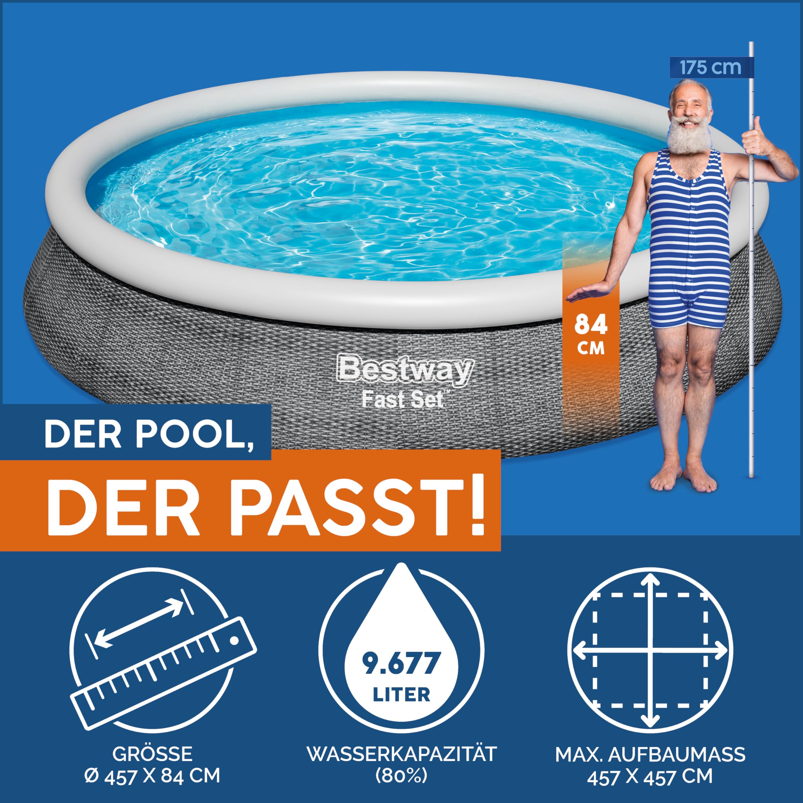 Bestway Fast Set Aufstellpool Ø 457 cm – Rattan-Optik, mit Filterpumpe, rund