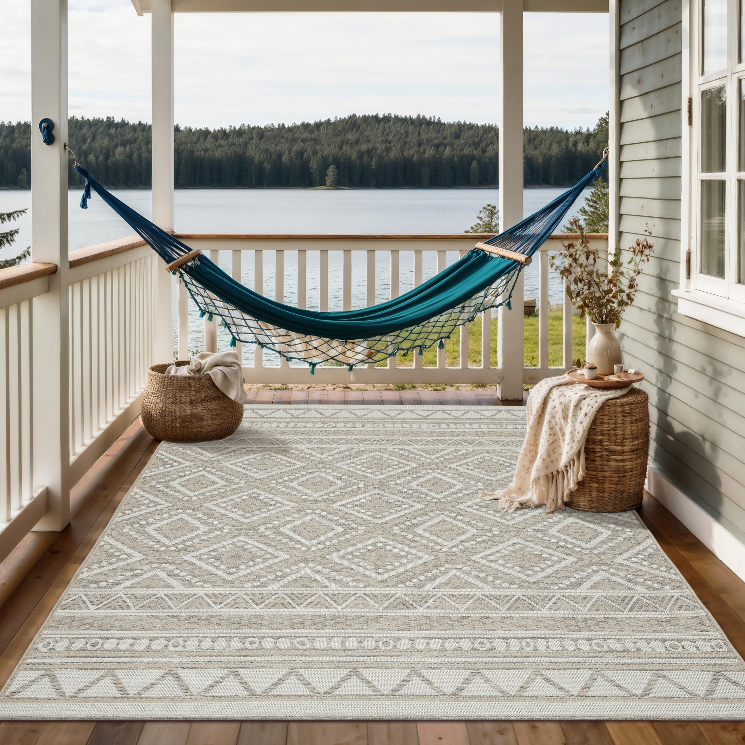 Outdoor Teppich Boho Beige – Wetterfest für Balkon, Terrasse & Garten