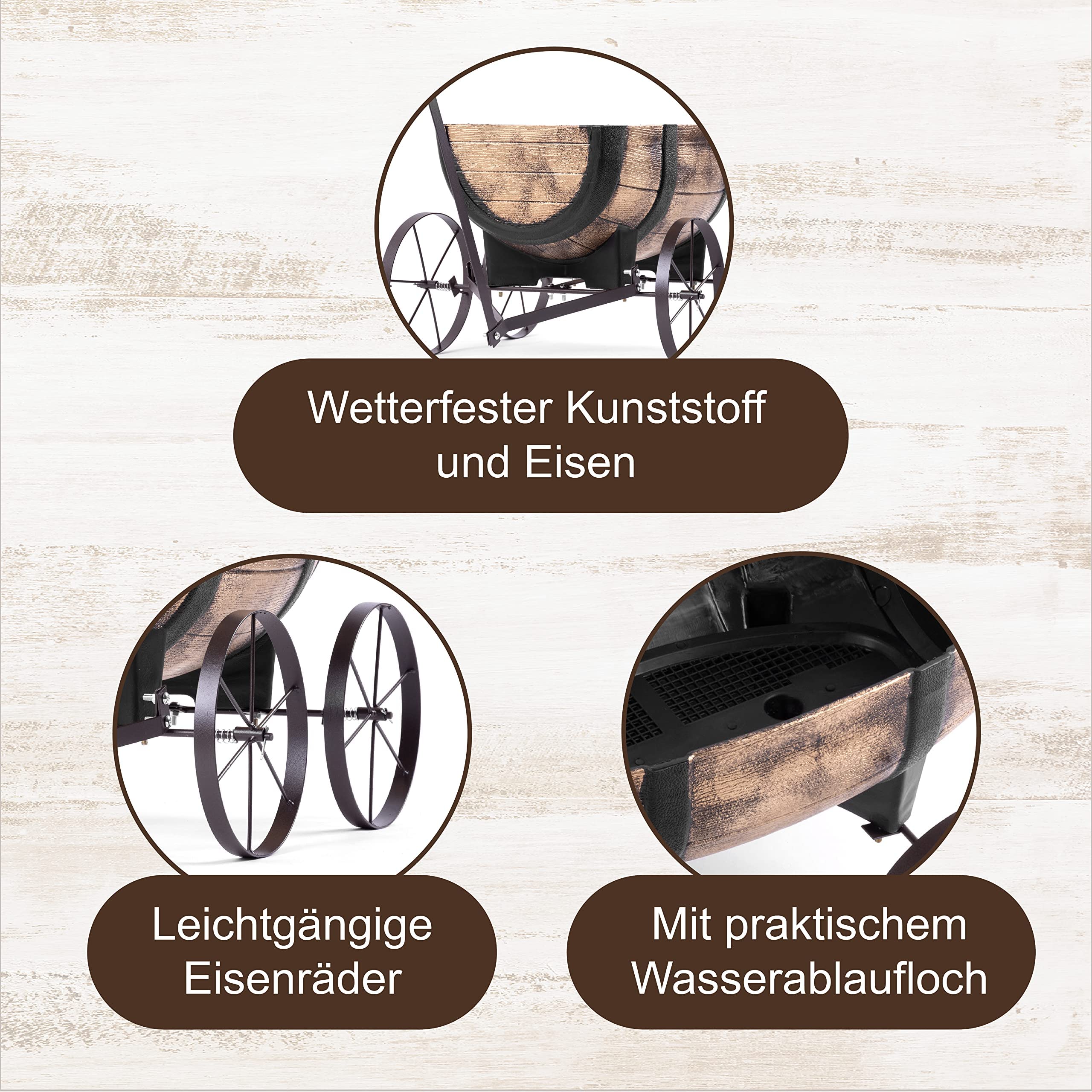 Blumenwagen Whiskyfass Holzoptik 🌿 Pflanzkübel auf Rädern für Garten Balkon Terrasse