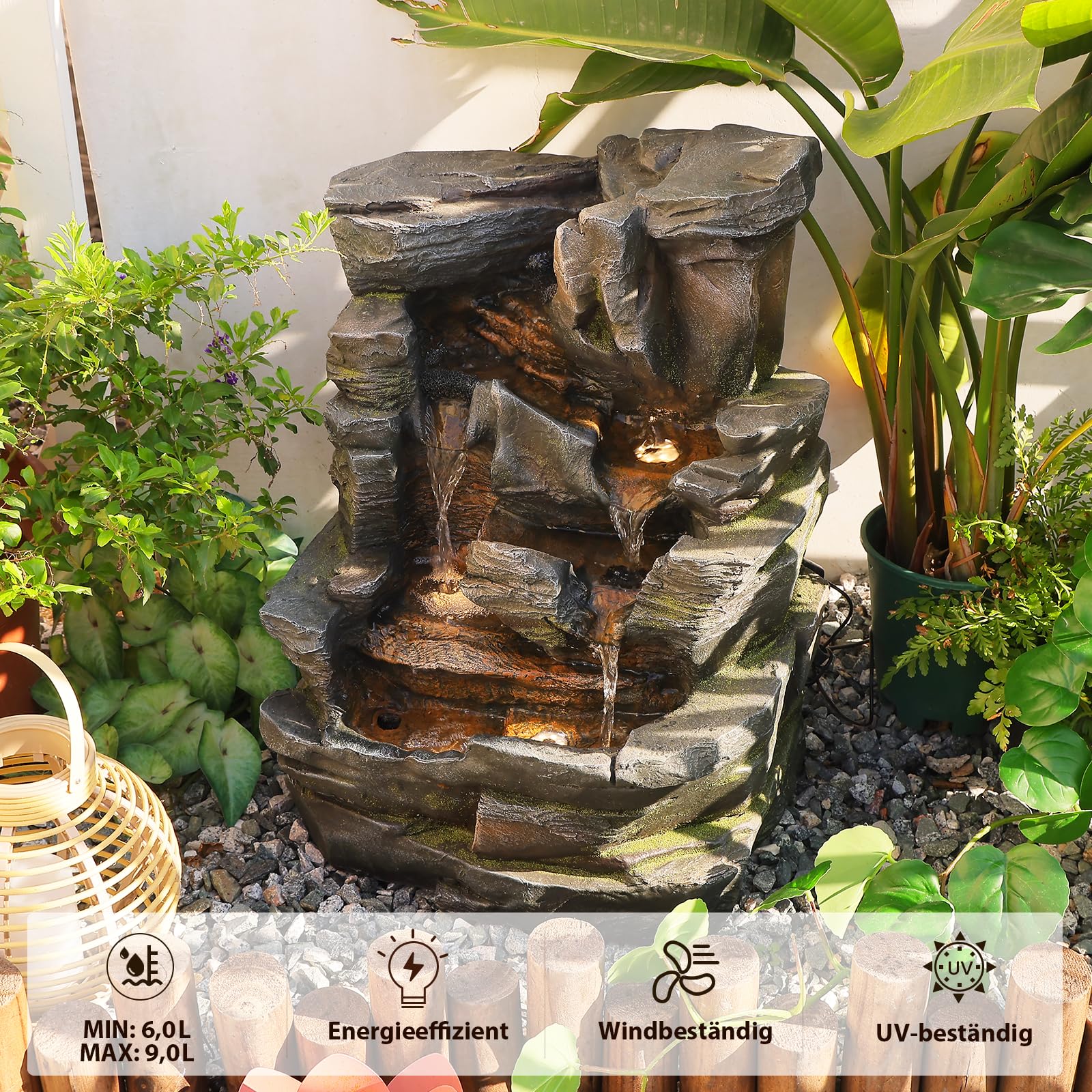 Gartenbrunnen 5-stufig mit LED – Wasserfall Naturstein-Optik, Terrasse & Garten