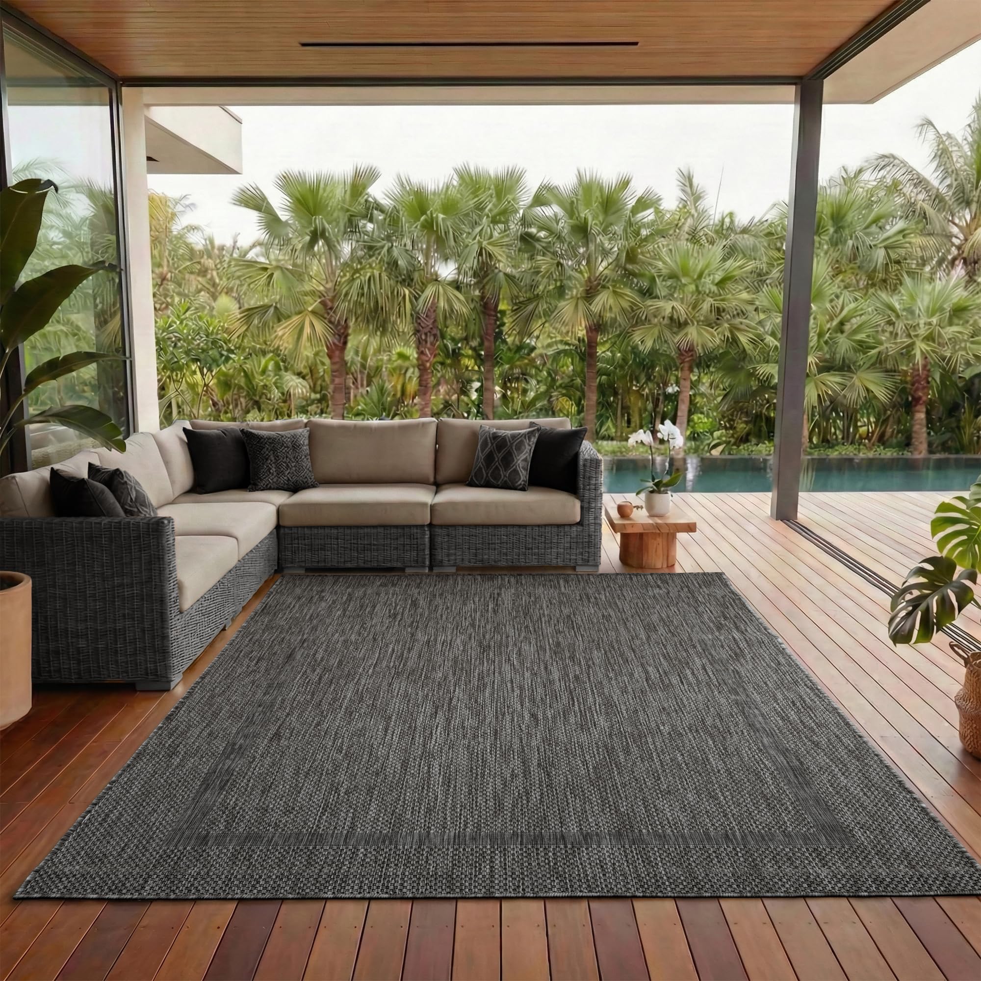 Outdoor Teppich 280×370 cm – wetterfester Balkon & Garten Teppich im Sisal-Look Schwarz