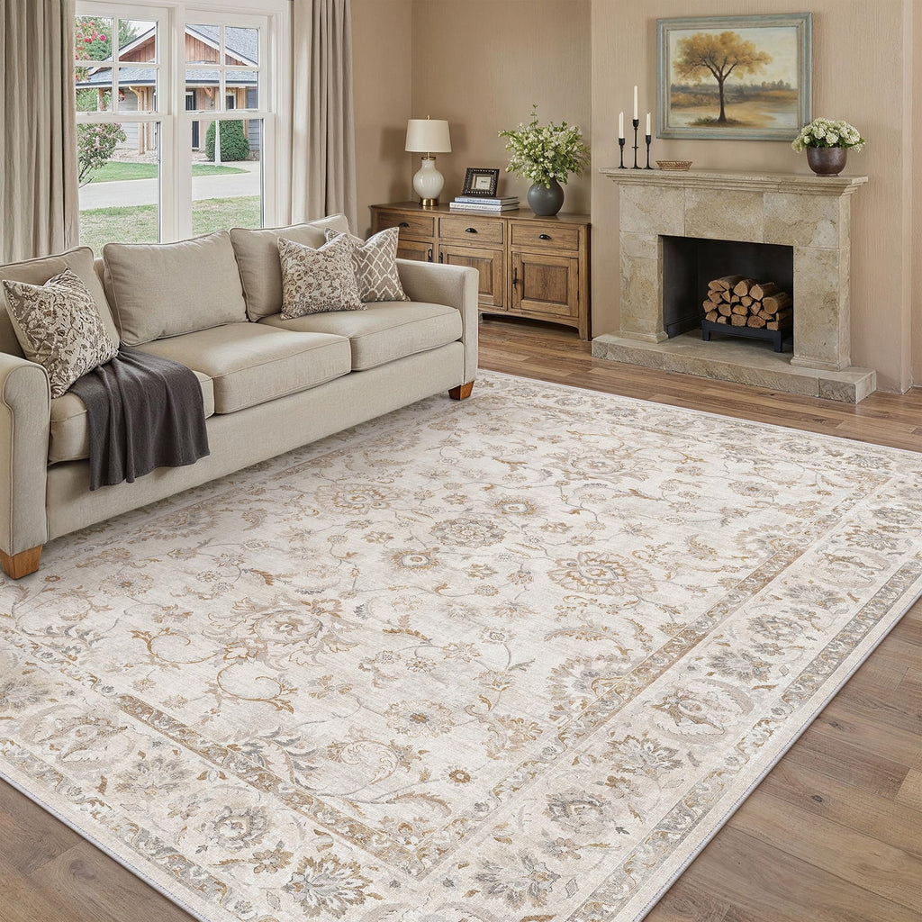 Large Beige Rug 300x400 cm – Washable Living Room Rug Non-Slip