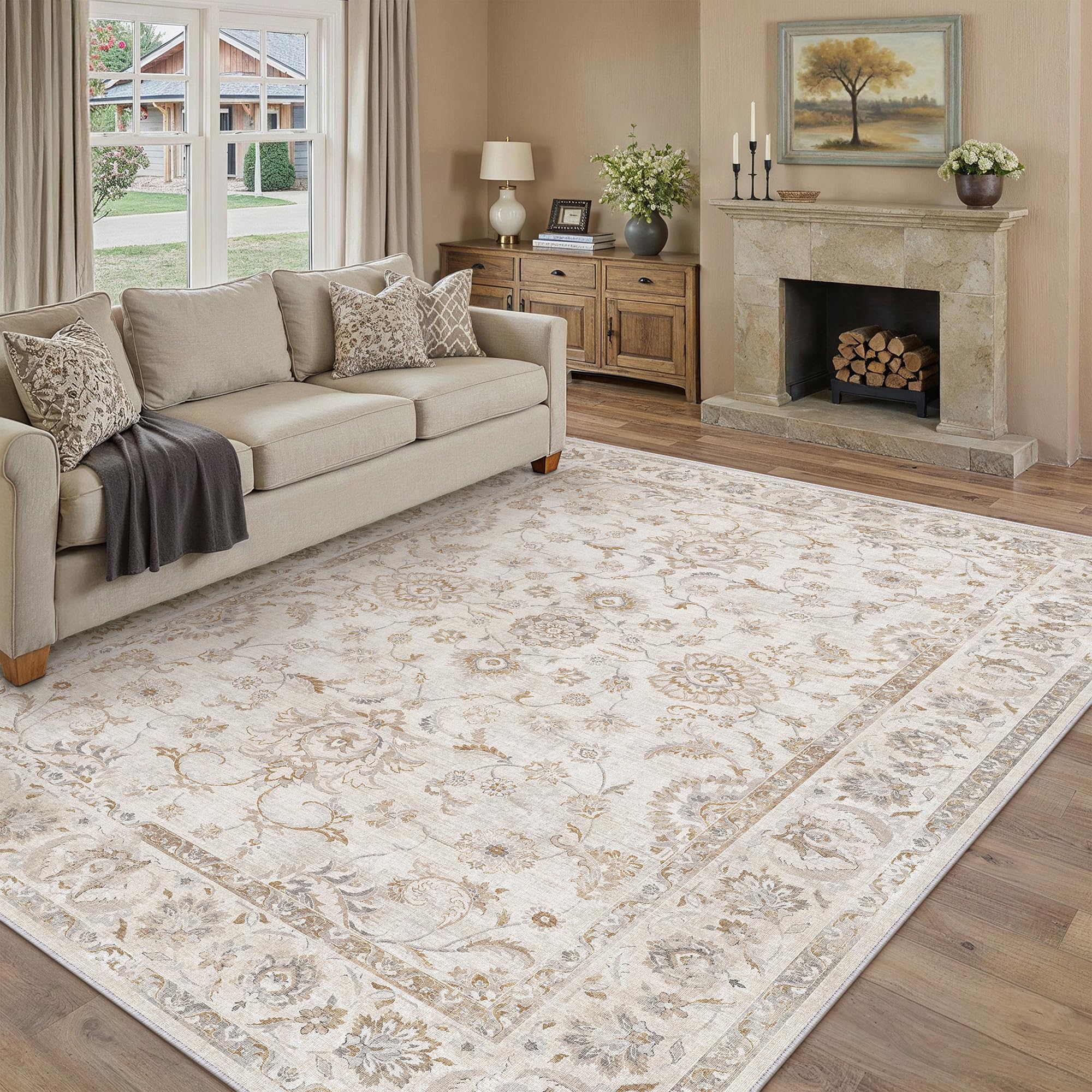 Large Beige Rug 300x400 cm – Washable Living Room Rug Non-Slip