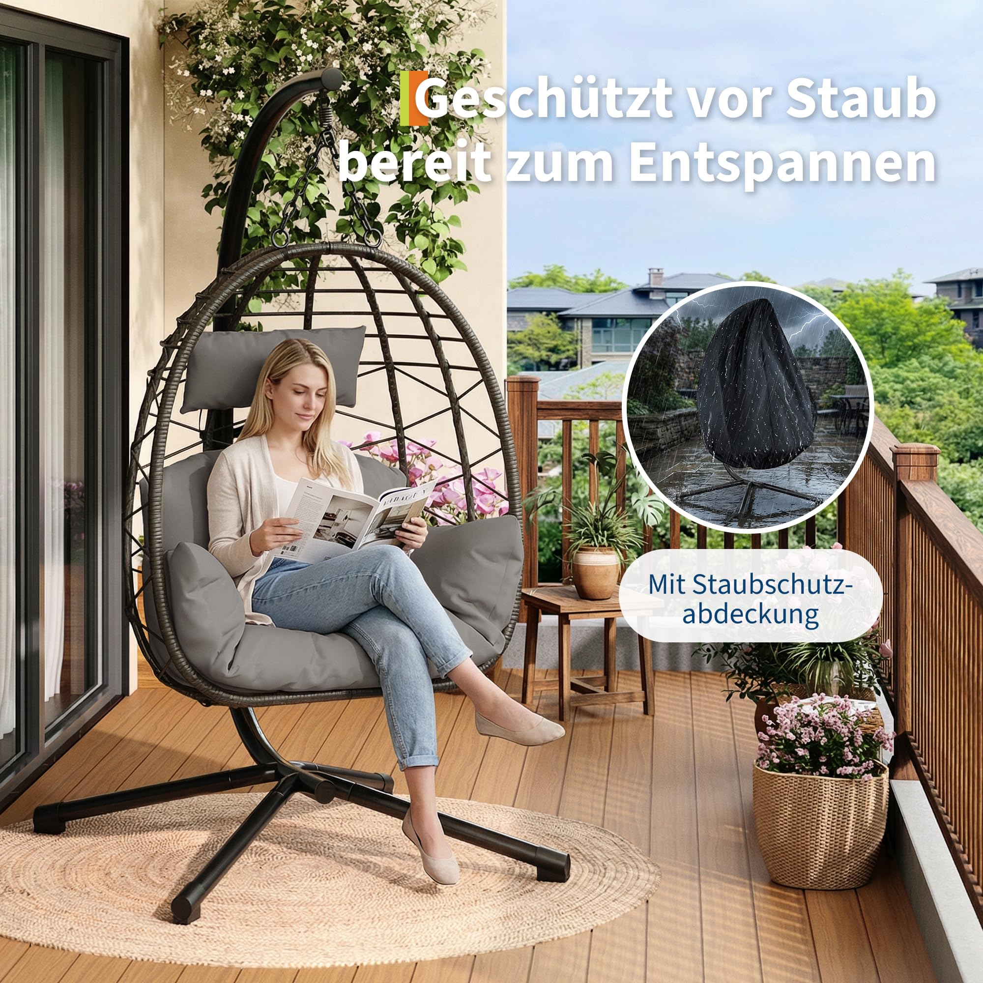 Rattan Hängesessel mit Metallgestell – Indoor &amp; Outdoor, 150 kg, Grau