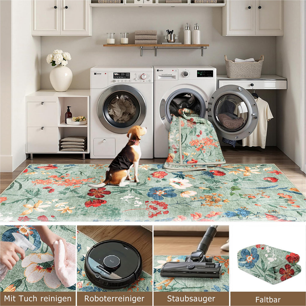 Boho Teppich 200×300 cm Grün – waschbarer rutschfester Wohnzimmer Teppich mit Blumenmuster