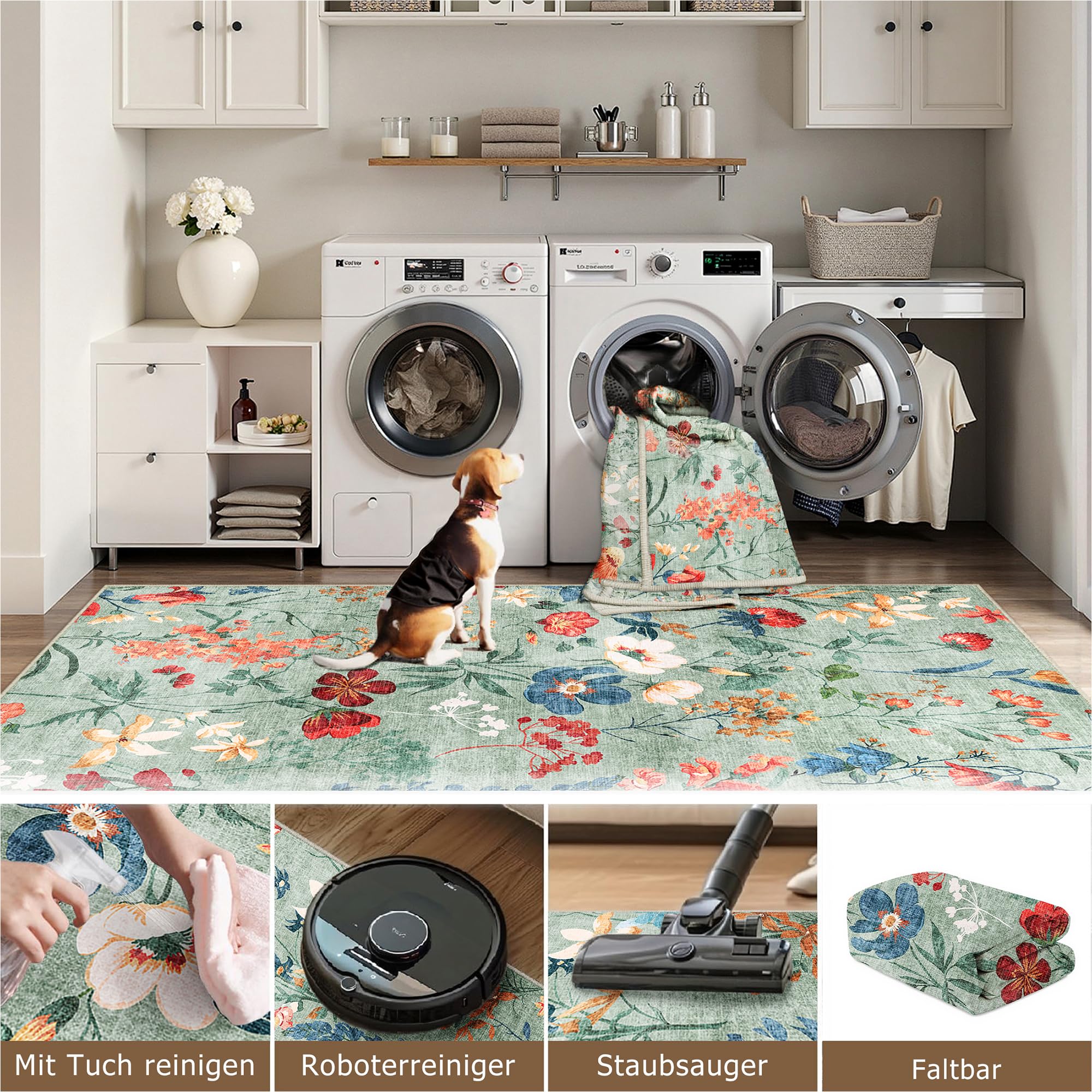 Boho Teppich 200×300 cm Grün – waschbarer rutschfester Wohnzimmer Teppich mit Blumenmuster