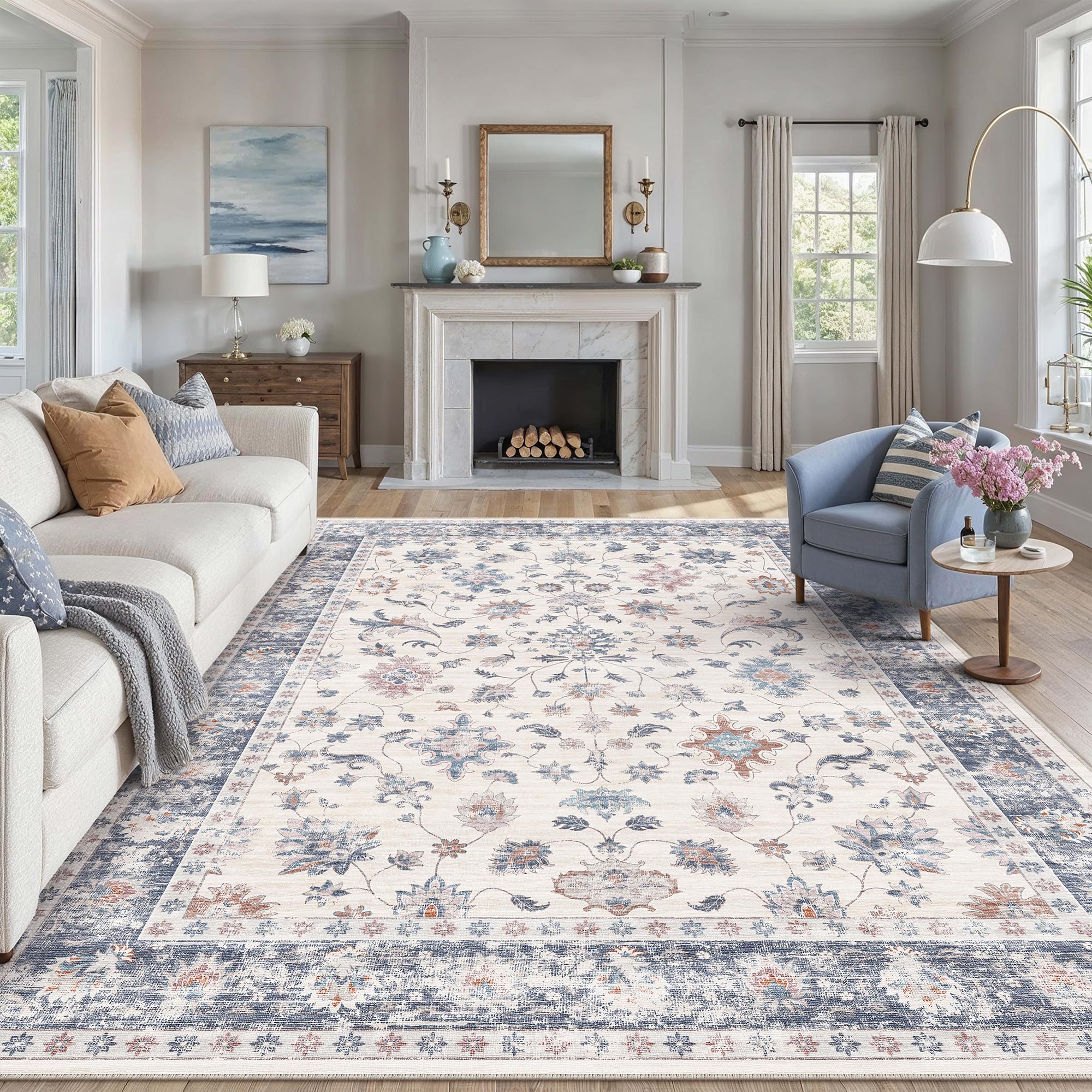 Boho Vintage Teppich 200×300 cm – waschbarer rutschfester Wohnzimmer Teppich mit Blumenmuster Blau Weiß