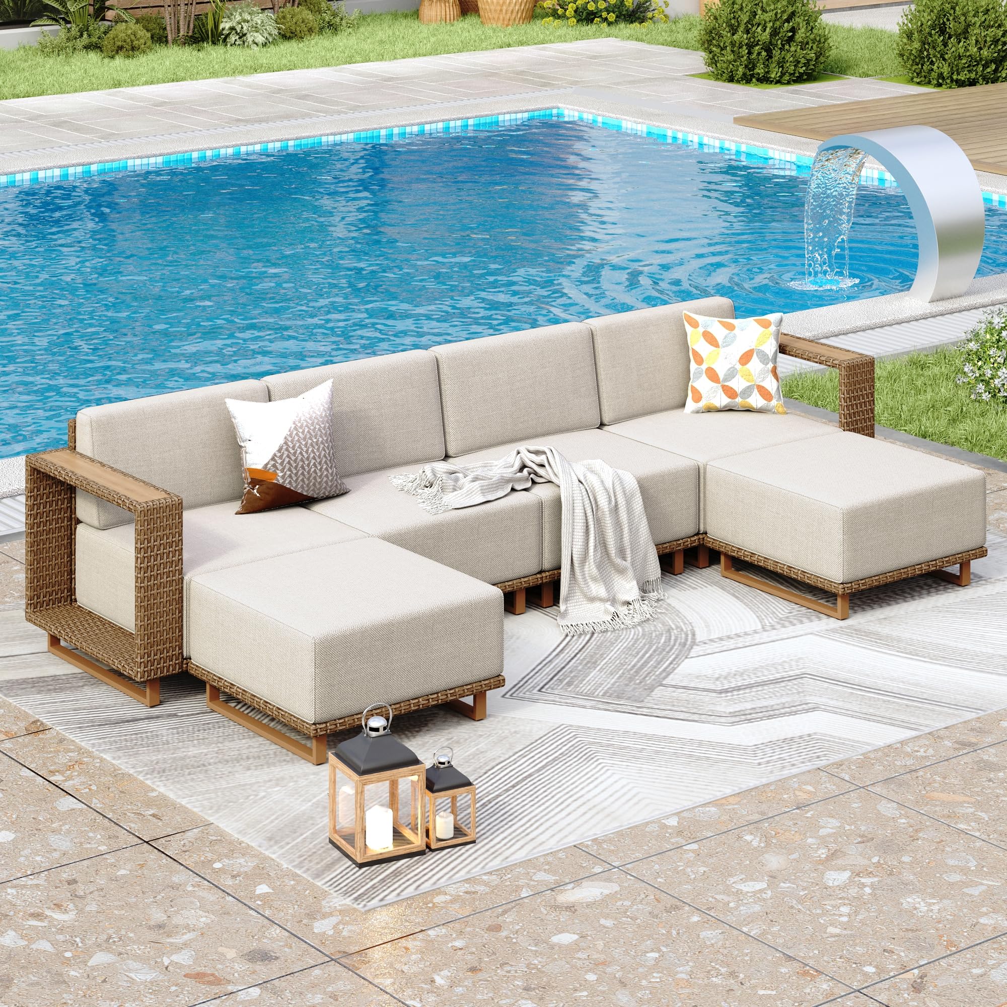 PHI VILLA Rattan Gartenmöbel Set für 6 Personen – Outdoor Lounge Sofa Balkon Terrasse