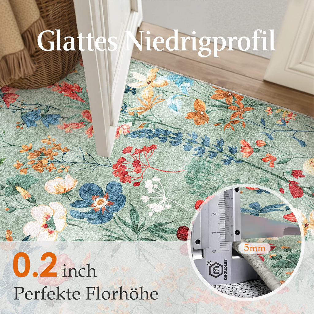 Boho Teppich 200×300 cm Grün – waschbarer rutschfester Wohnzimmer Teppich mit Blumenmuster