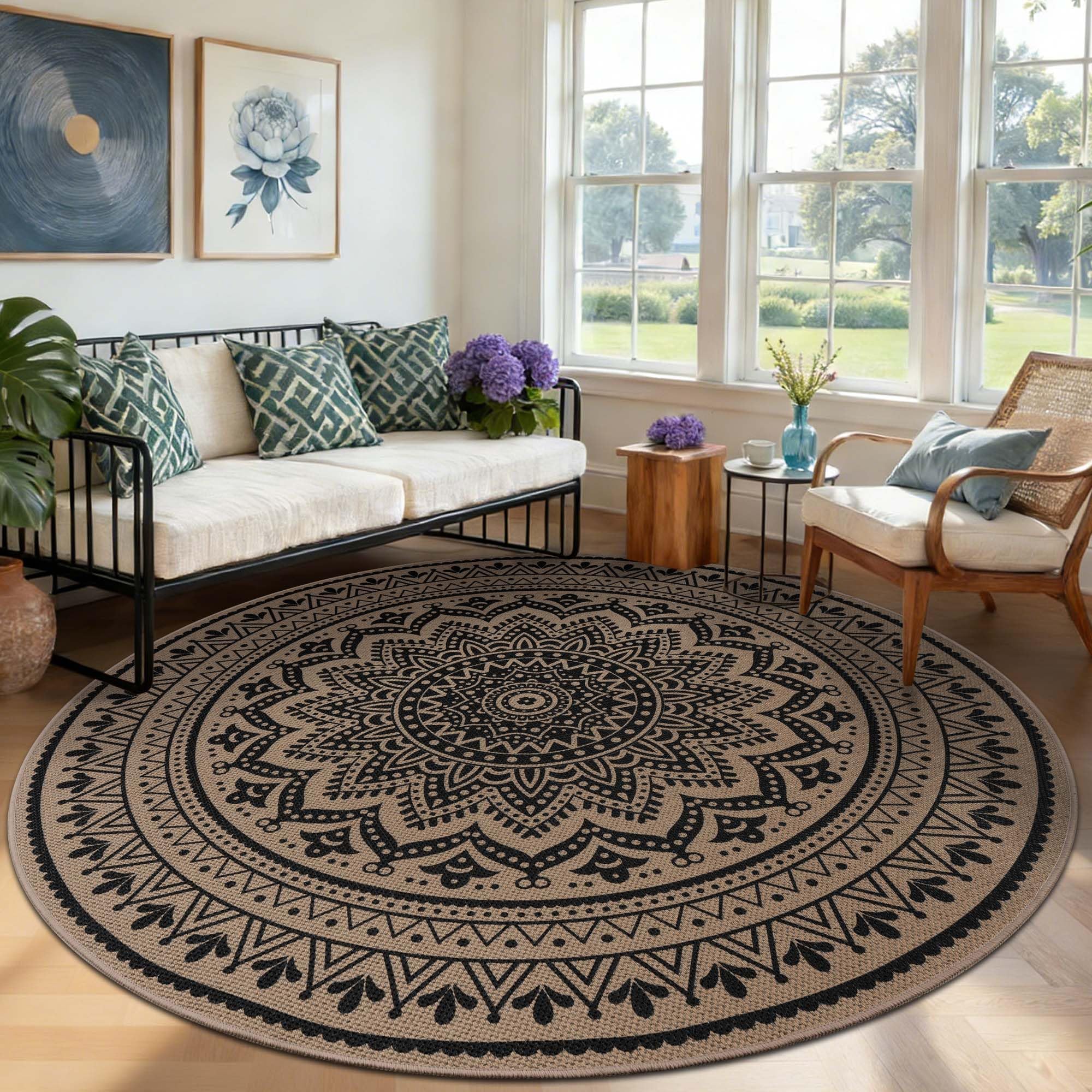 Runder Teppich Jute Look – Moderner Wohn & Balkon Teppich 120 cm