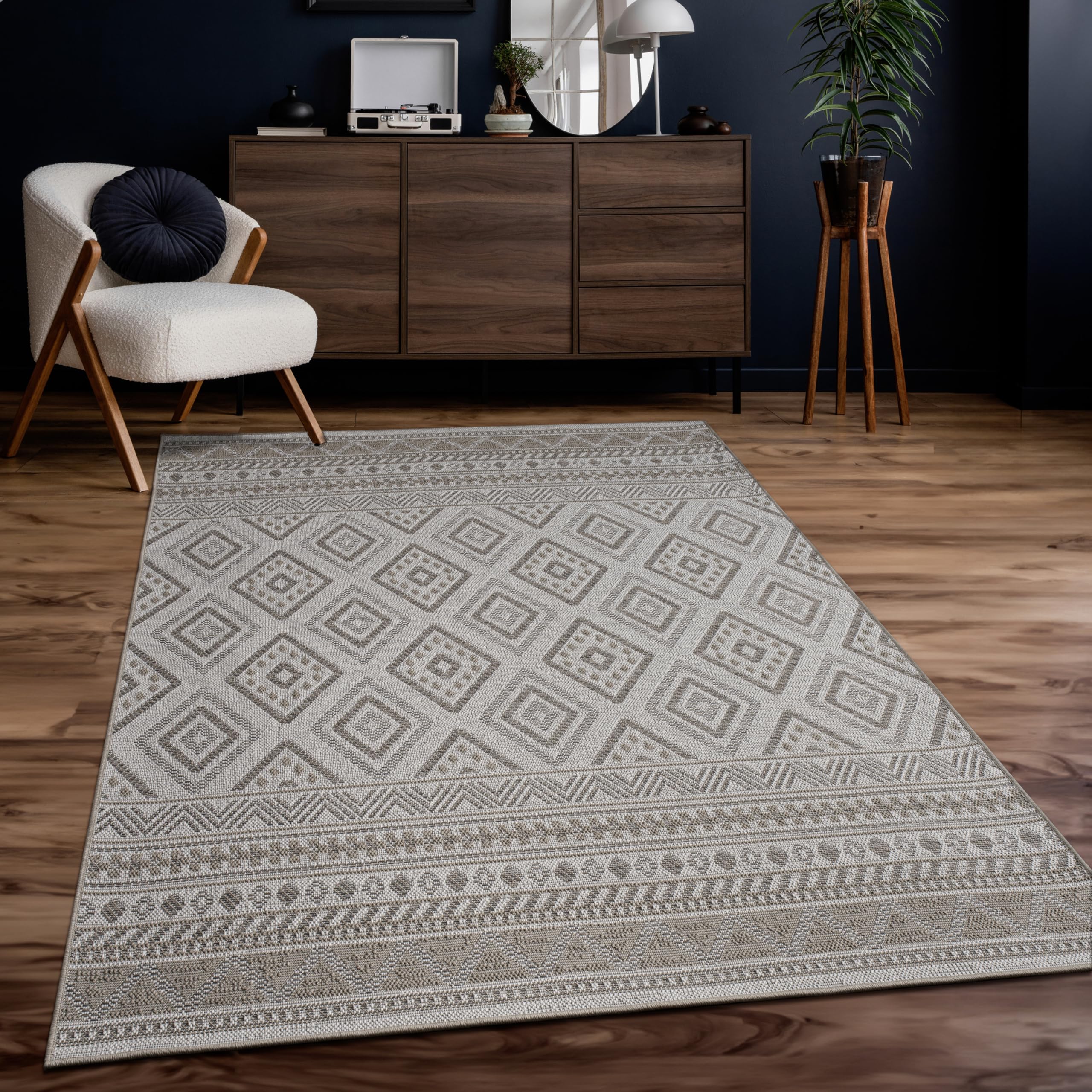 Boho Outdoor Teppich Beige – Moderner Balkon & Terrasse Teppich wetterfest