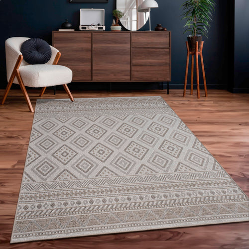 Boho Outdoor Teppich Beige – Moderner Balkon & Terrasse Teppich wetterfest