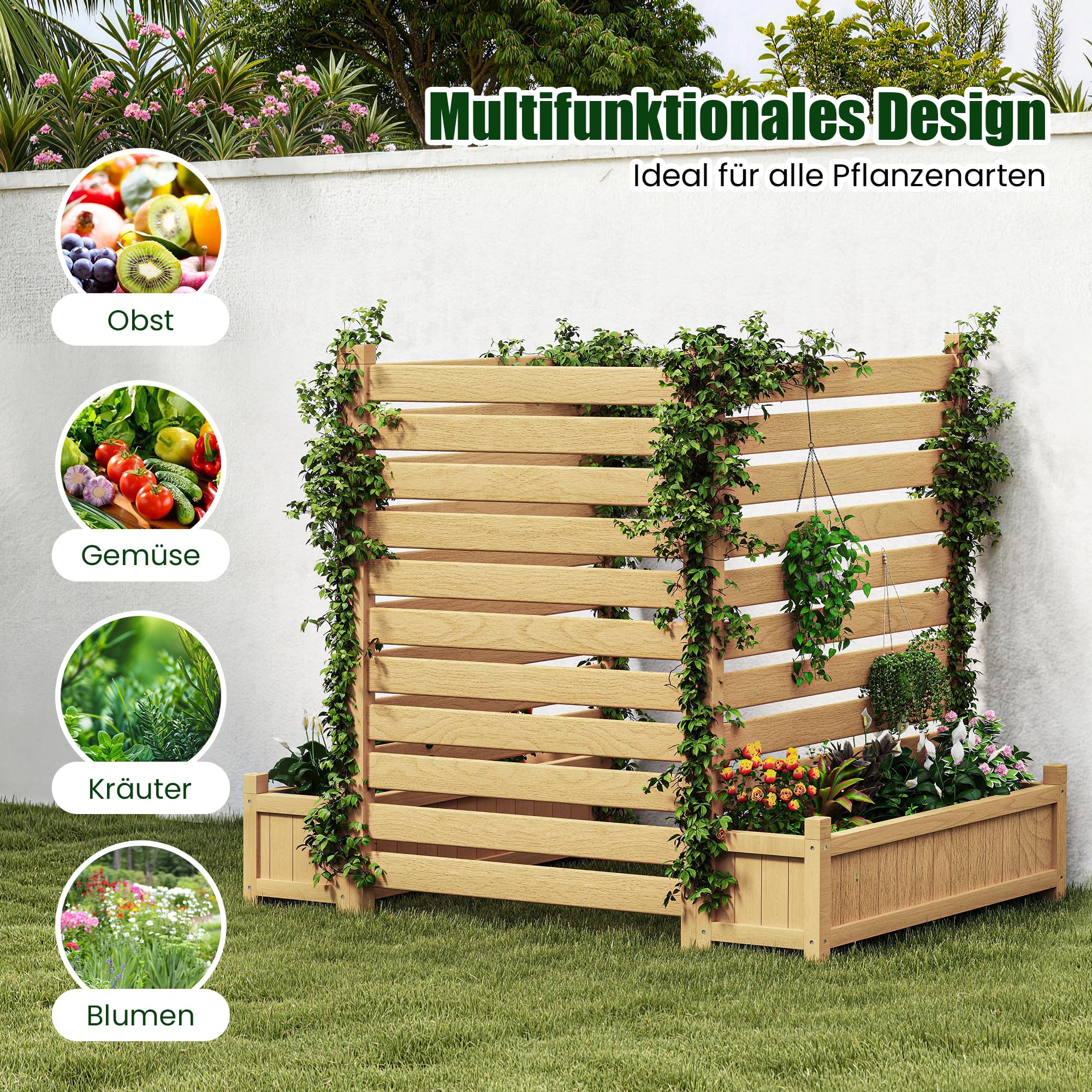 Pamapic 3er Holz Blumenkasten mit Rankgitter &amp; Sichtschutz – Pflanzkasten für Terrasse & Garten