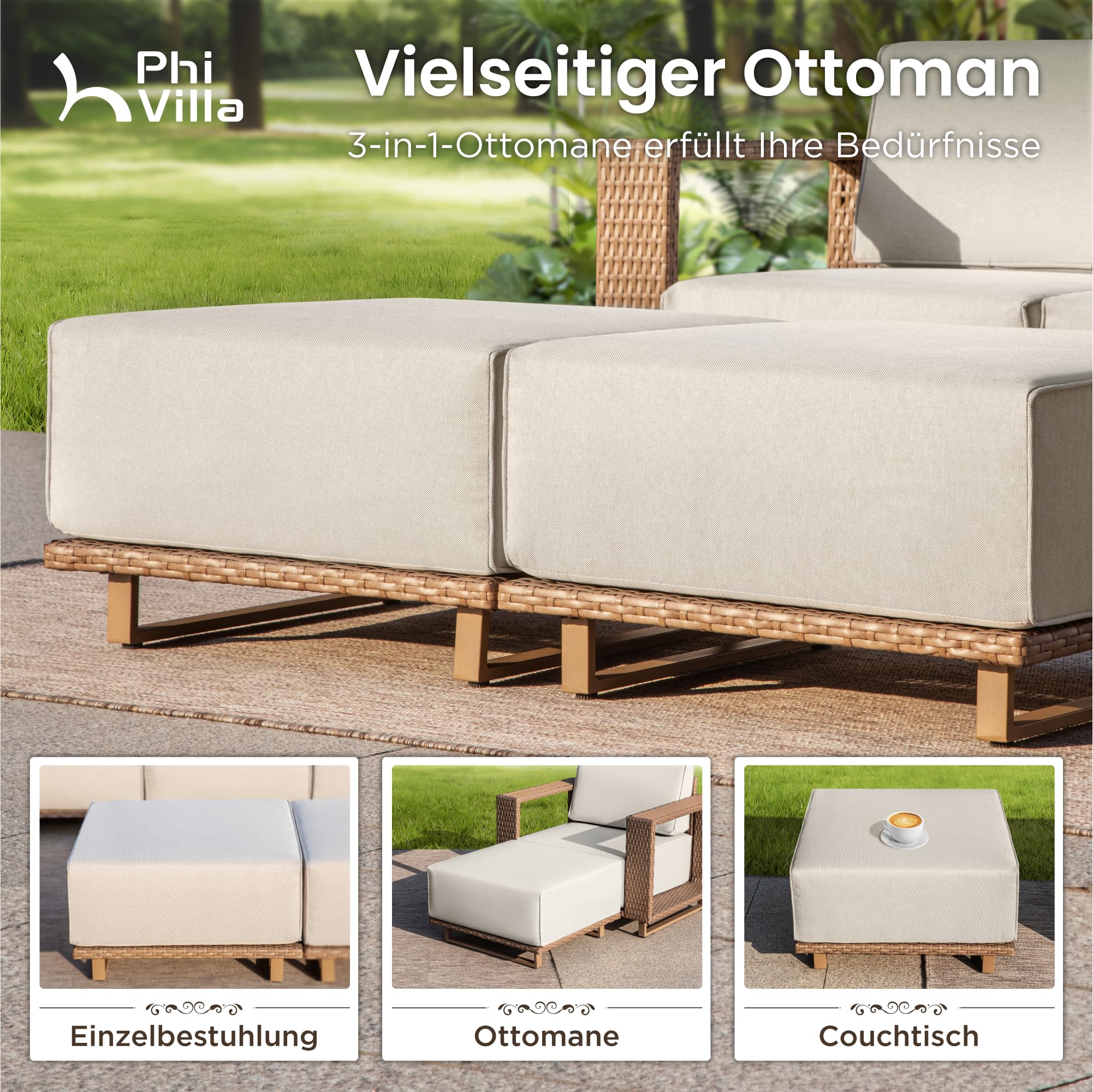 PHI VILLA Rattan Gartenmöbel Set für 6 Personen – Outdoor Lounge Sofa Balkon Terrasse