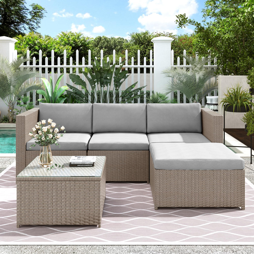 Polyrattan Gartenmöbel Set für 3–4 Personen – Lounge Sofa mit Tisch & Hocker, wetterfest