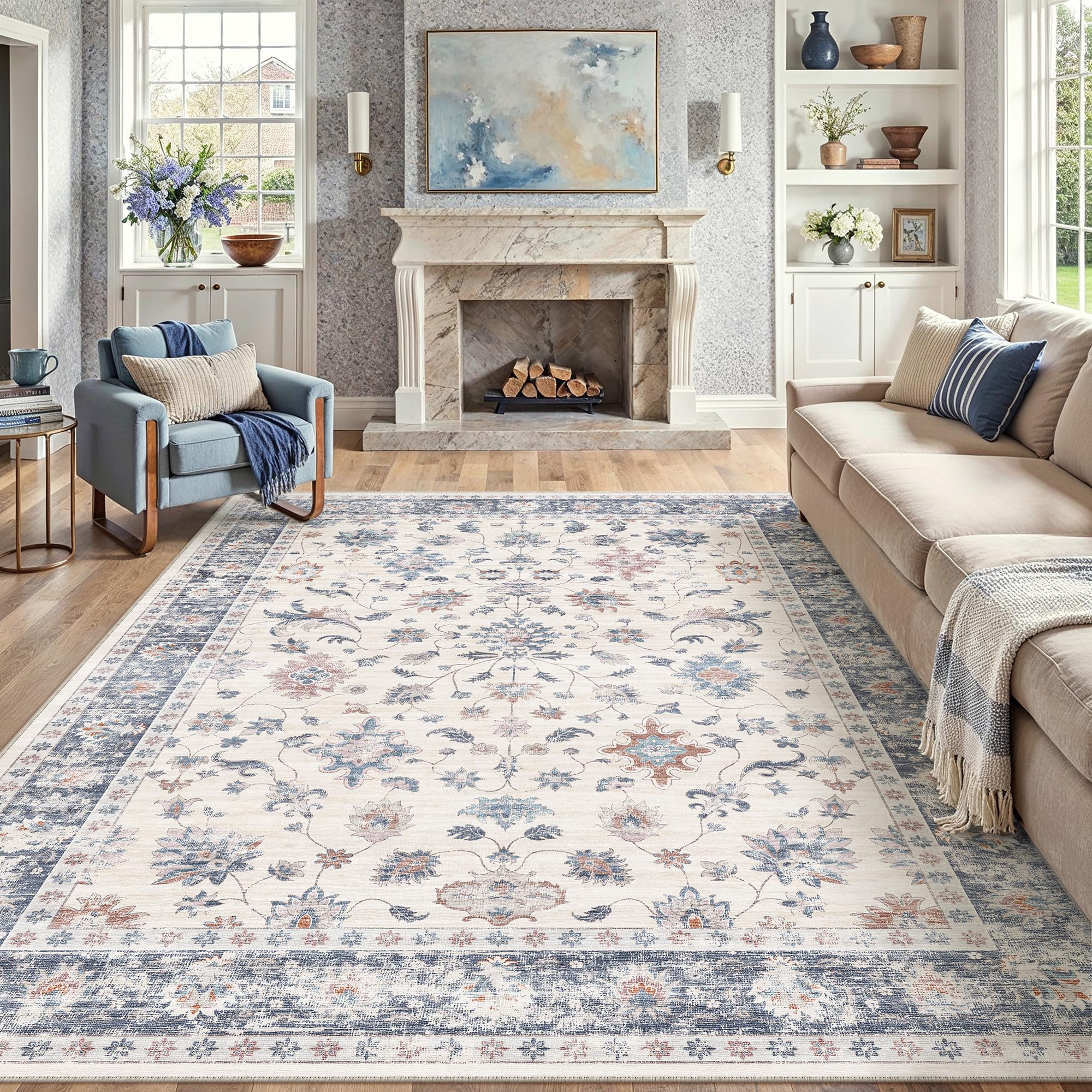 Boho Vintage Rug 200x300 cm - Washable Non-Slip Living Room Rug with Floral Pattern Blue White
