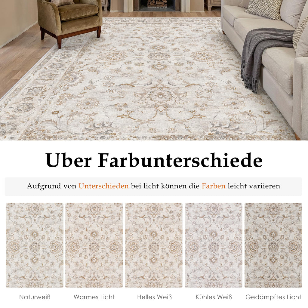 Large Beige Rug 300x400 cm – Washable Living Room Rug Non-Slip