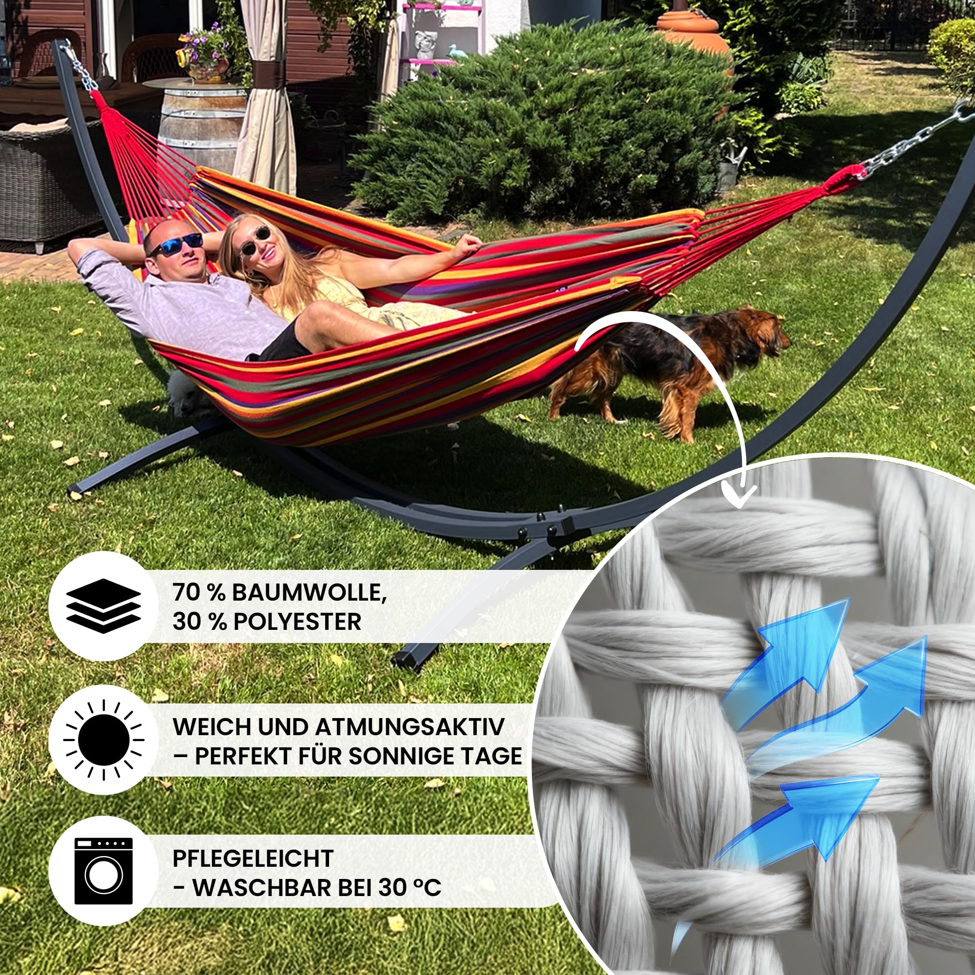 Potenza Doppelhängematte XXL mit Gestell für 2 Personen – wetterfest, Baumwolle