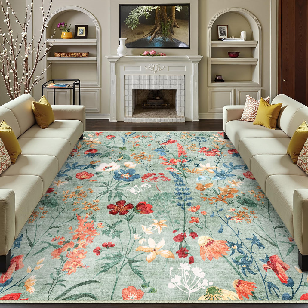 Boho Teppich 200×300 cm Grün – waschbarer rutschfester Wohnzimmer Teppich mit Blumenmuster