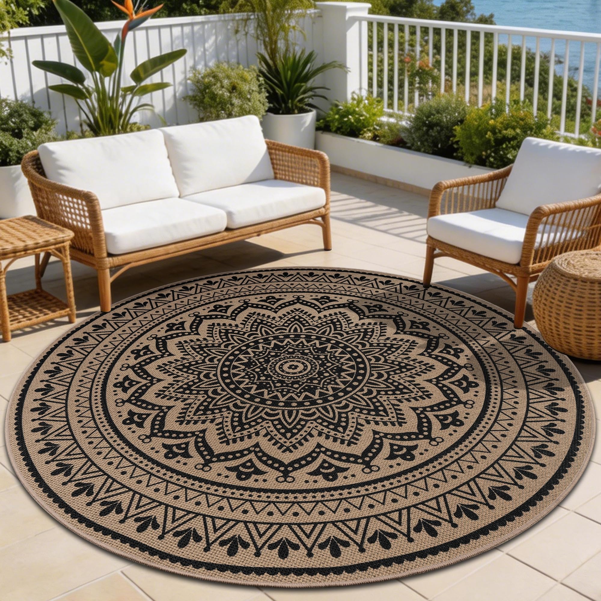 Runder Teppich Jute Look – Moderner Wohn & Balkon Teppich 120 cm